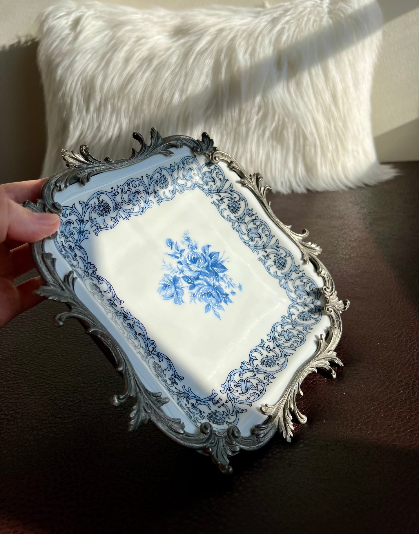 Bavaria Blue Floral Porcelain Square Plate with Decorative Metal Border