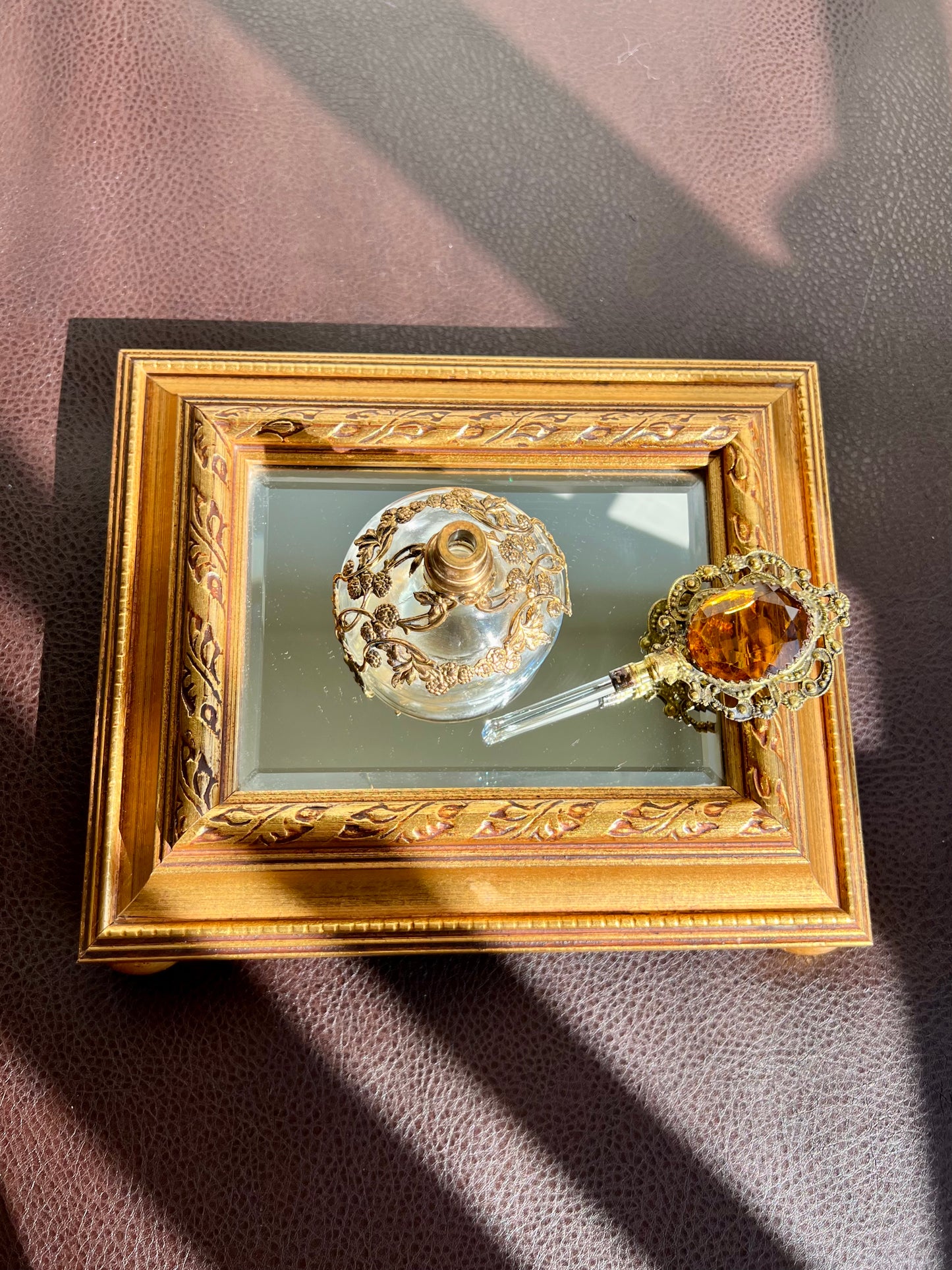 Gold Plated Ornate Perfume Bottle with Topaz Color Stone and Dauber, Ormolu Filigree