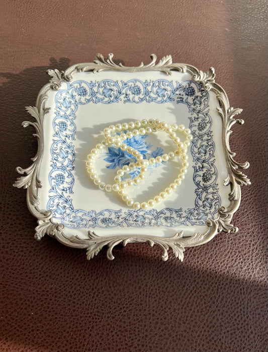 Bavaria Blue Floral Vintage Porcelain Square Plate with Decorative Metal Border