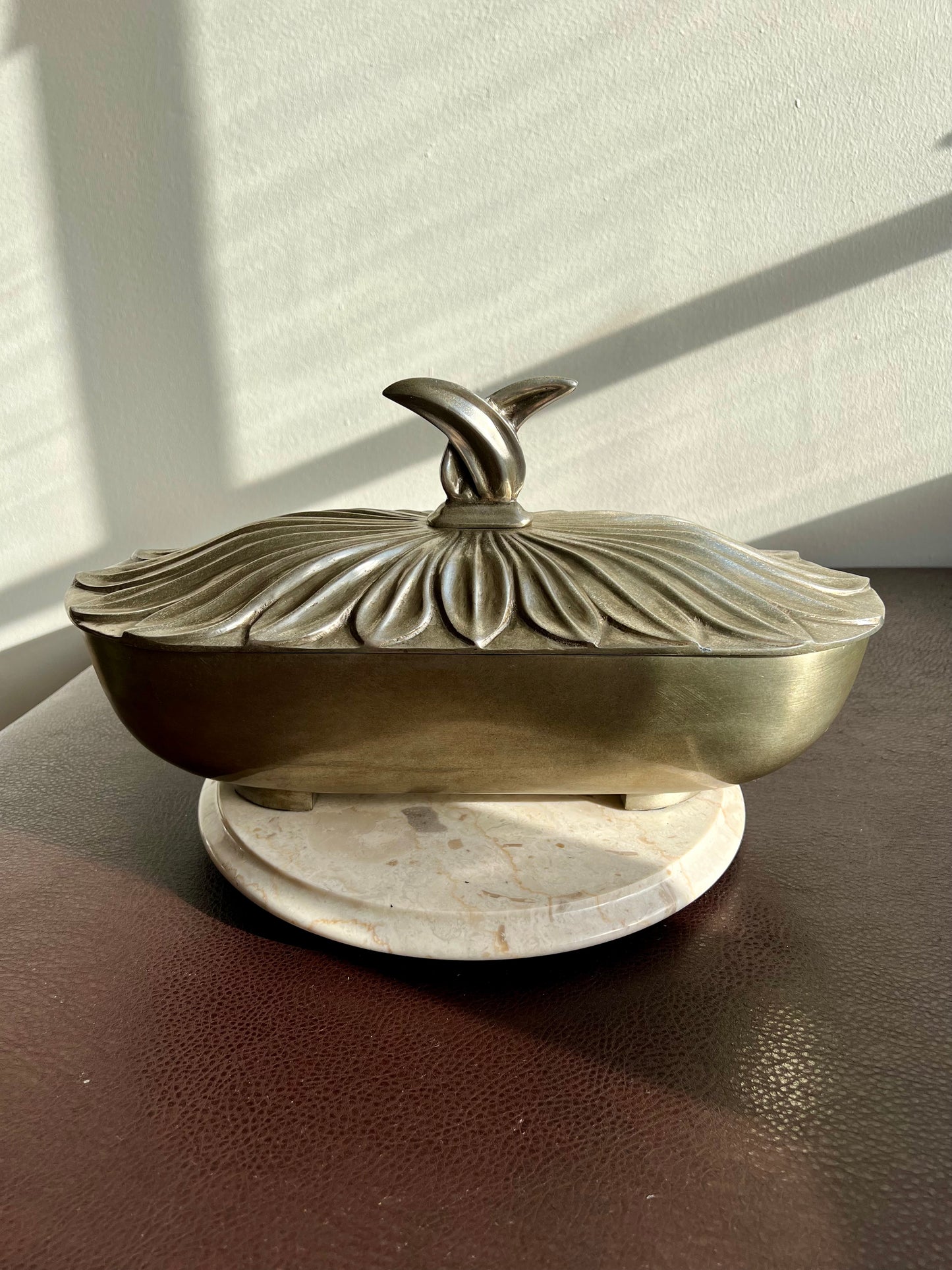 Art Deco Style Big Silver Plated Vintage Oval Metal Bowl with Decorative Flower Petal-shaped Lid, Numbered
