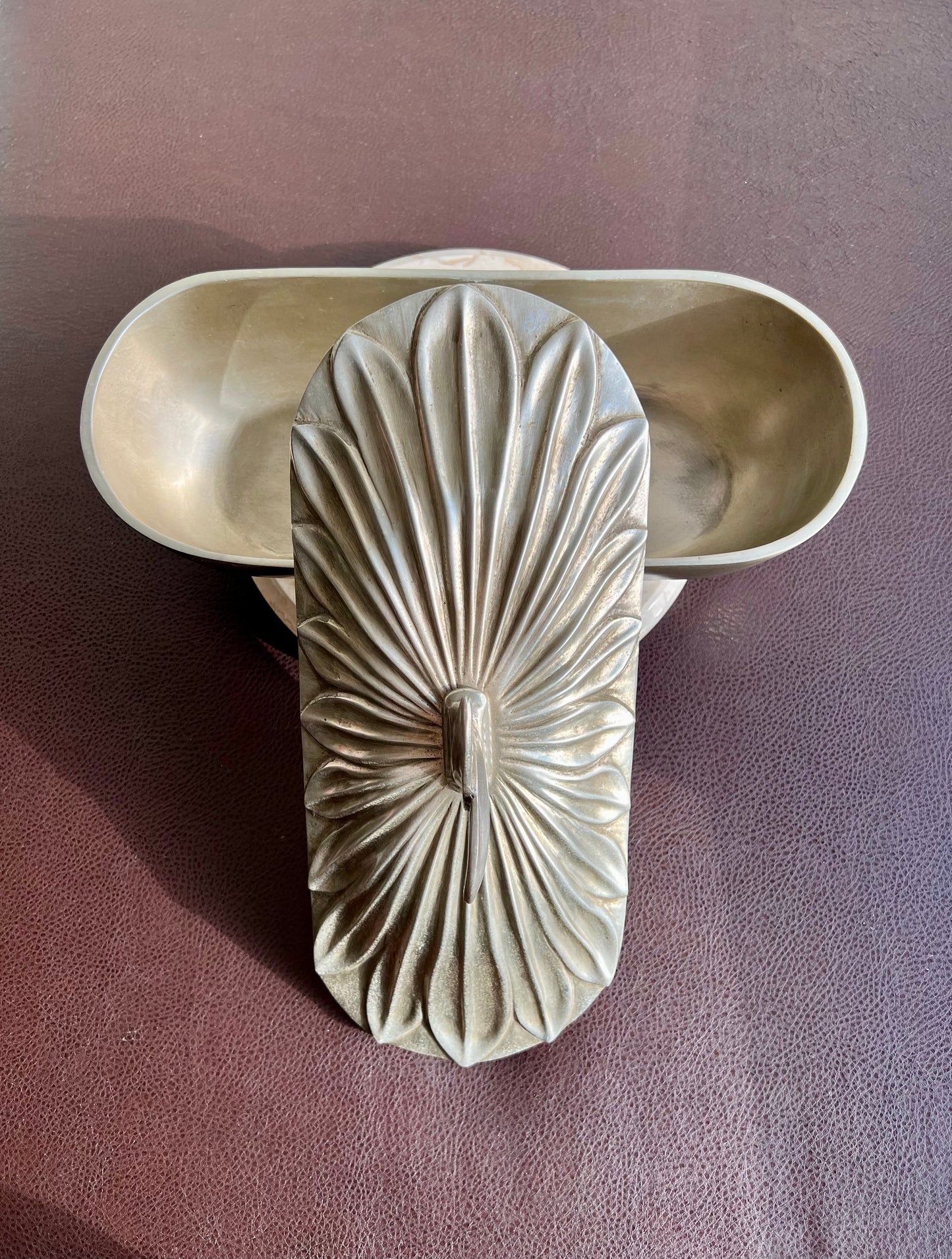 Art Deco Style Big Silver Plated Vintage Oval Metal Bowl with Decorative Flower Petal-shaped Lid, Numbered