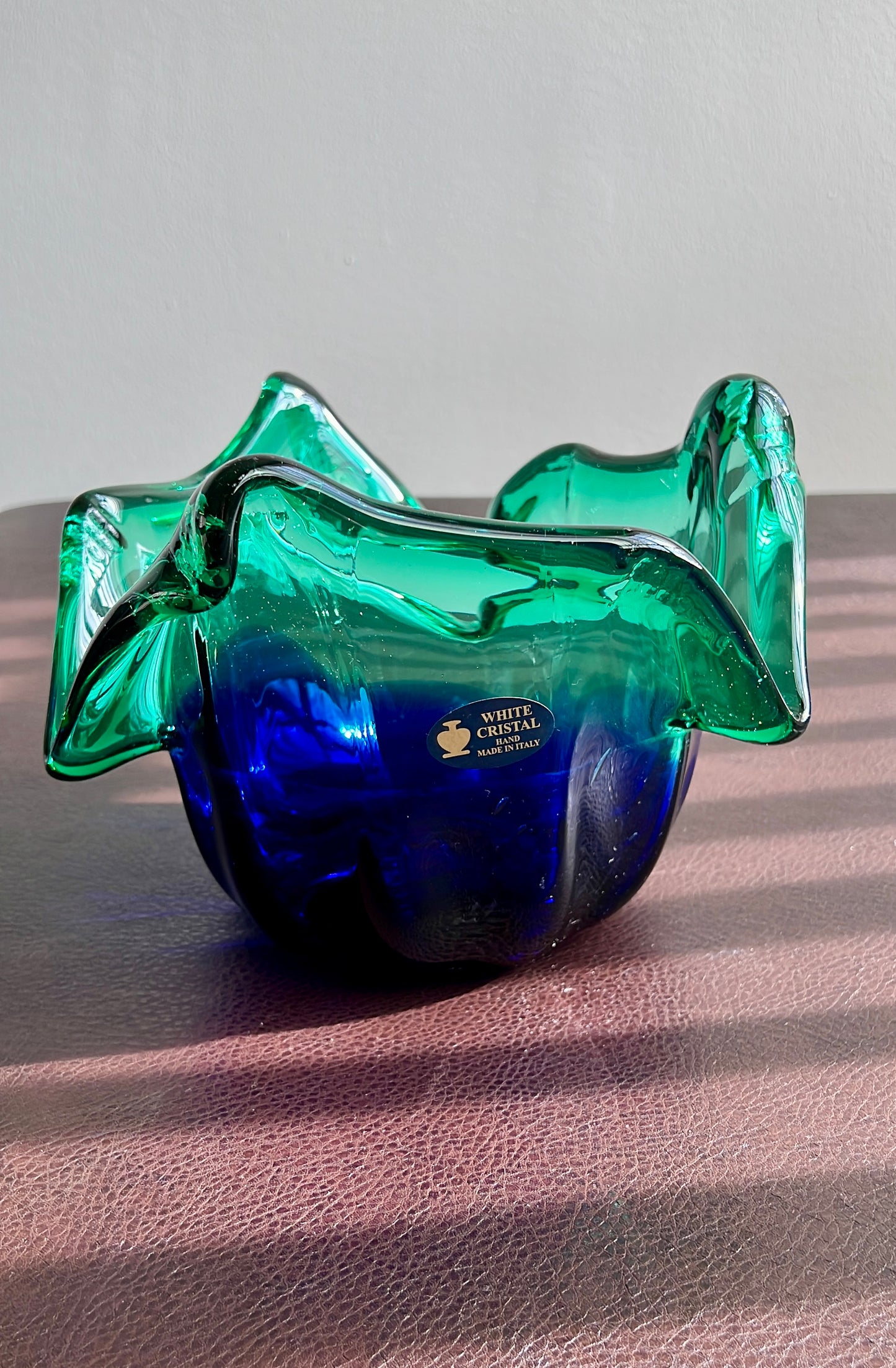 MURANO Blue and Green Extra Large Vintage White Crystal Glass Bowl, Decorative Dish or Vase - Made in Italy