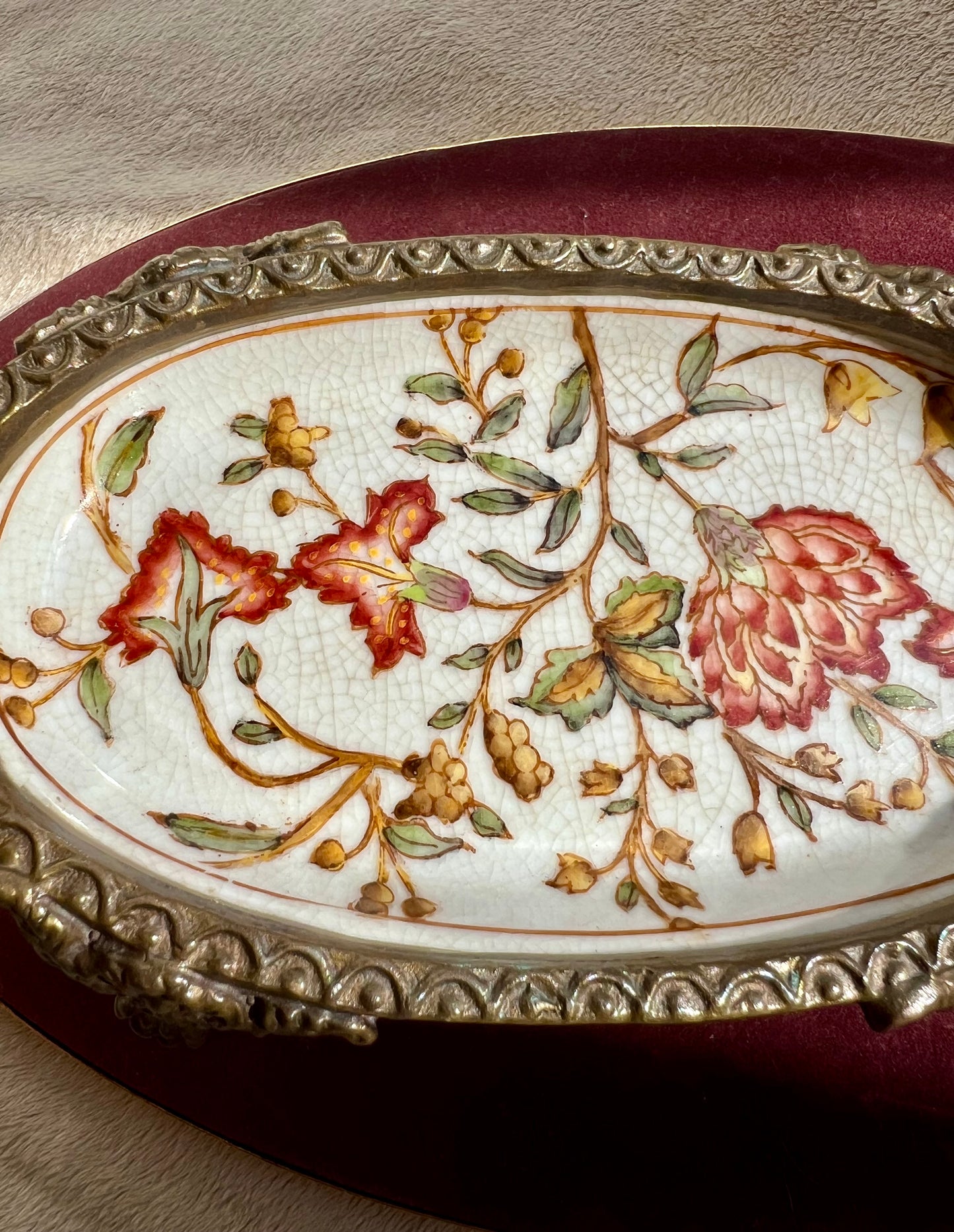 Vintage Chinese Brass and Porcelain Footed Floral Soap Dish Or Trinket Dish