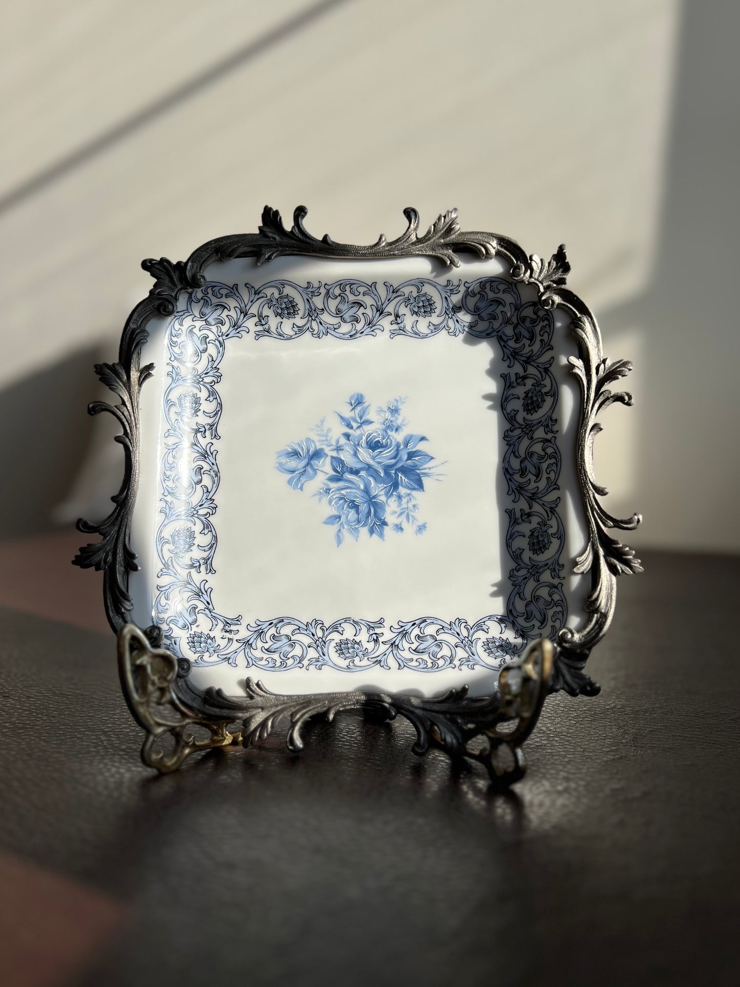 Bavaria Blue Floral Porcelain Square Plate with Decorative Metal Border