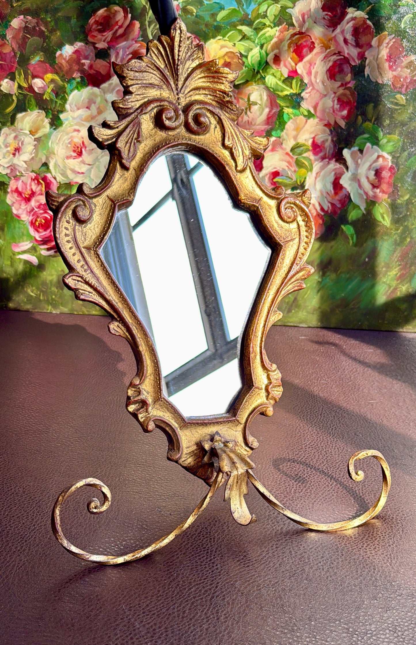 1950s Italian Florentine Rococo Vintage Gilded Wood Wall Mirror with Metal Towel Holder