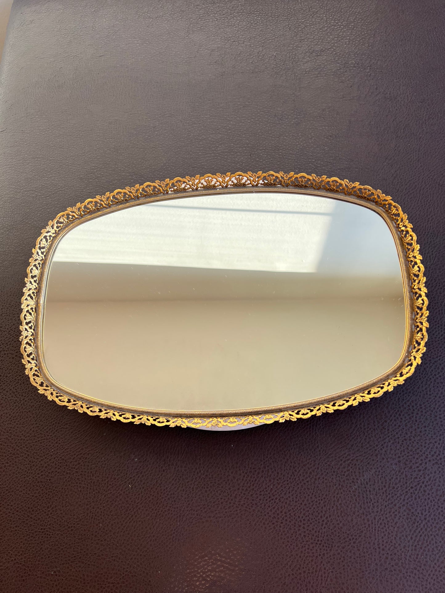 Mid Century Gold Brass Vintage Ormolu Vanity Perfume Tray Oval Mirror - Hollywood Regency