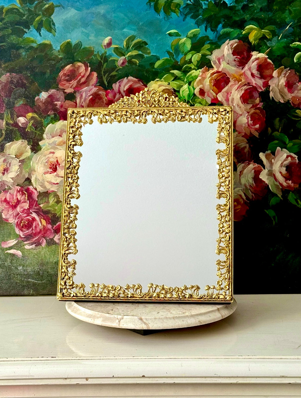 Antique/ Vintage French Victorian Style Gold-gilded Brass Framed Wall or Table Mirror with Flowers Decoration on the Frame