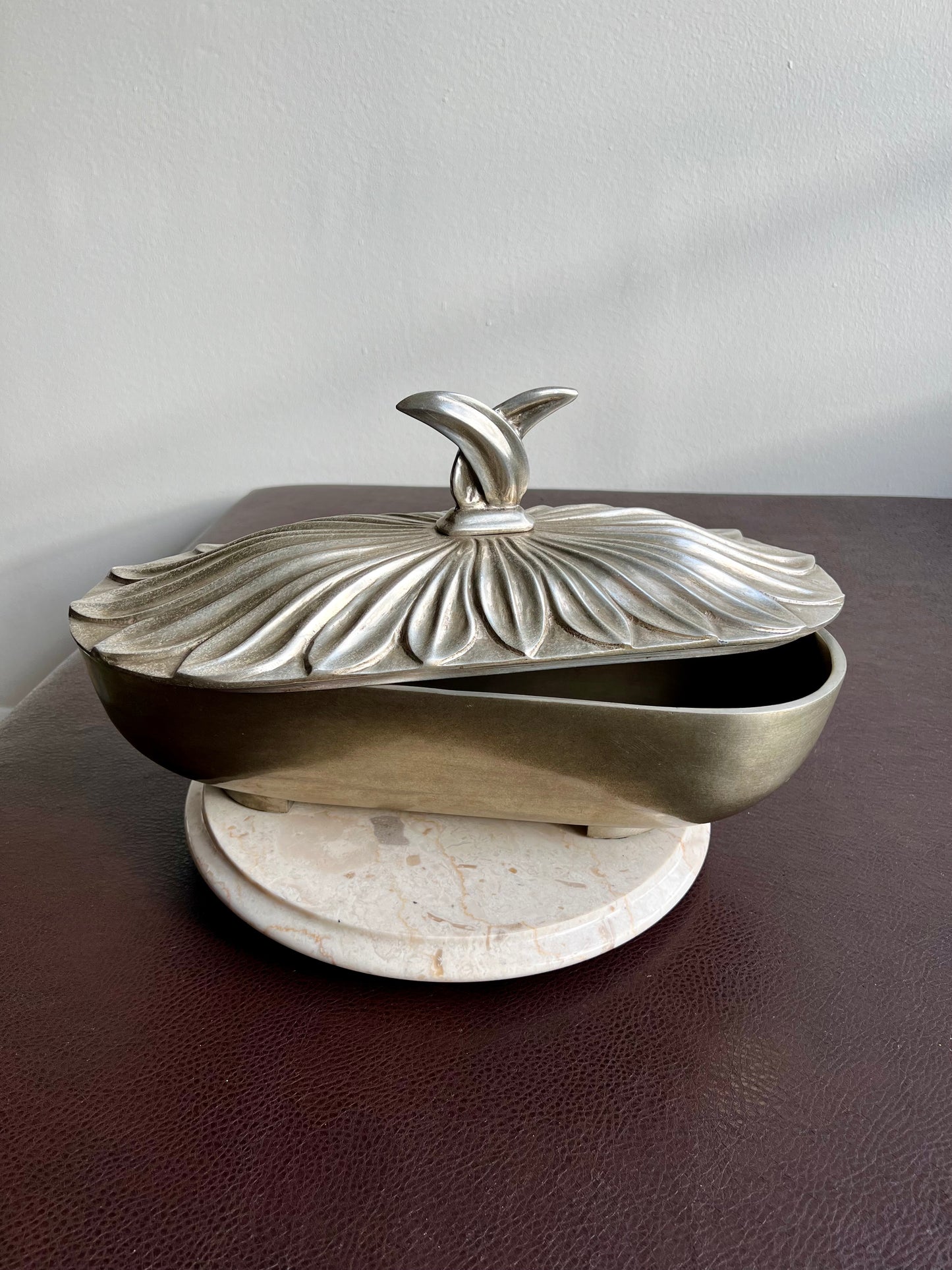 Art Deco Style Big Silver Plated Vintage Oval Metal Bowl with Decorative Flower Petal-shaped Lid, Numbered