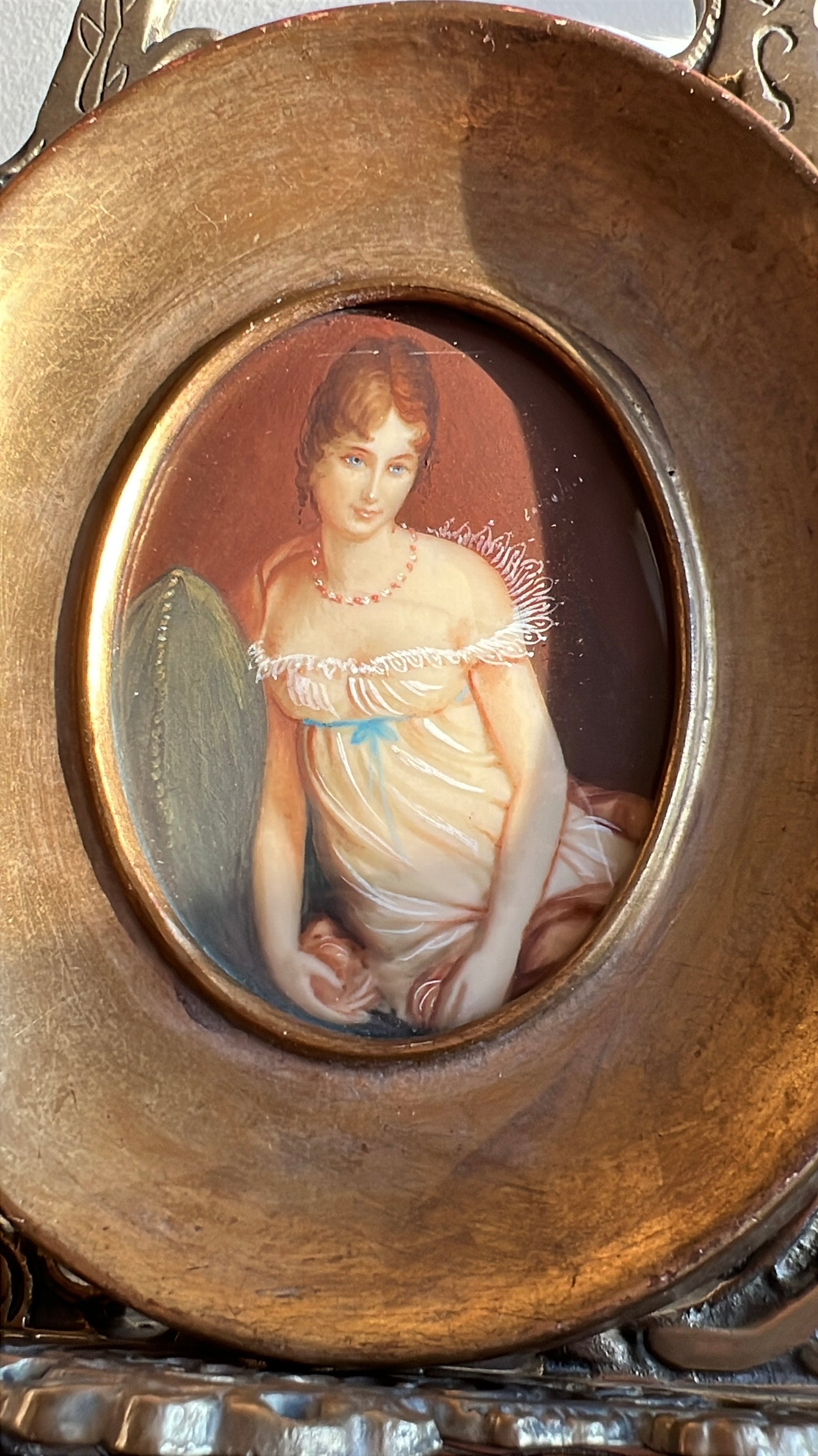 Antique/ Vintage Miniature Italian Original, Signed Hand Painted Portrait, Lady in Nightgown with Gilded Wooden Frame