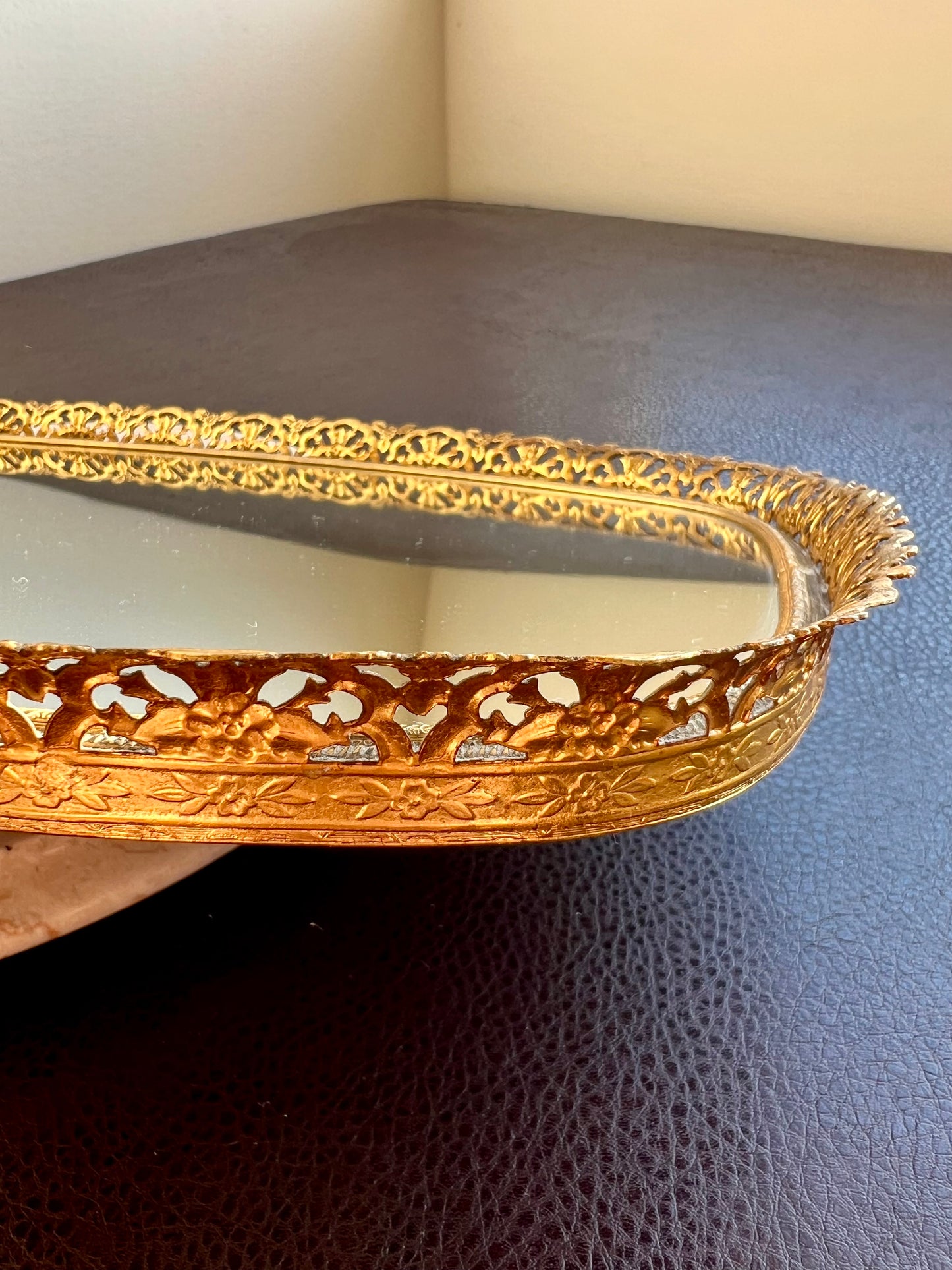 Mid Century Gold Brass Vintage Ormolu Vanity Perfume Tray Oval Mirror - Hollywood Regency