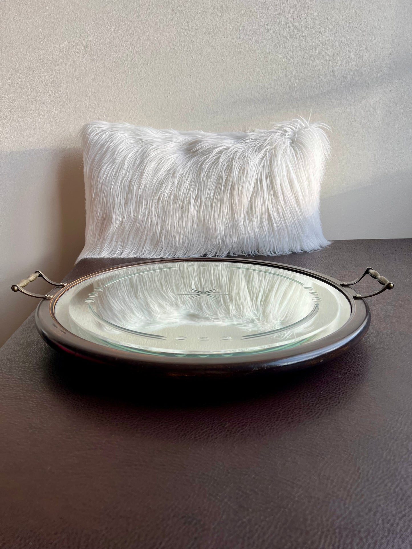 Big Wooden Table Mirror Tray Round Shaped with Two Brass Handles