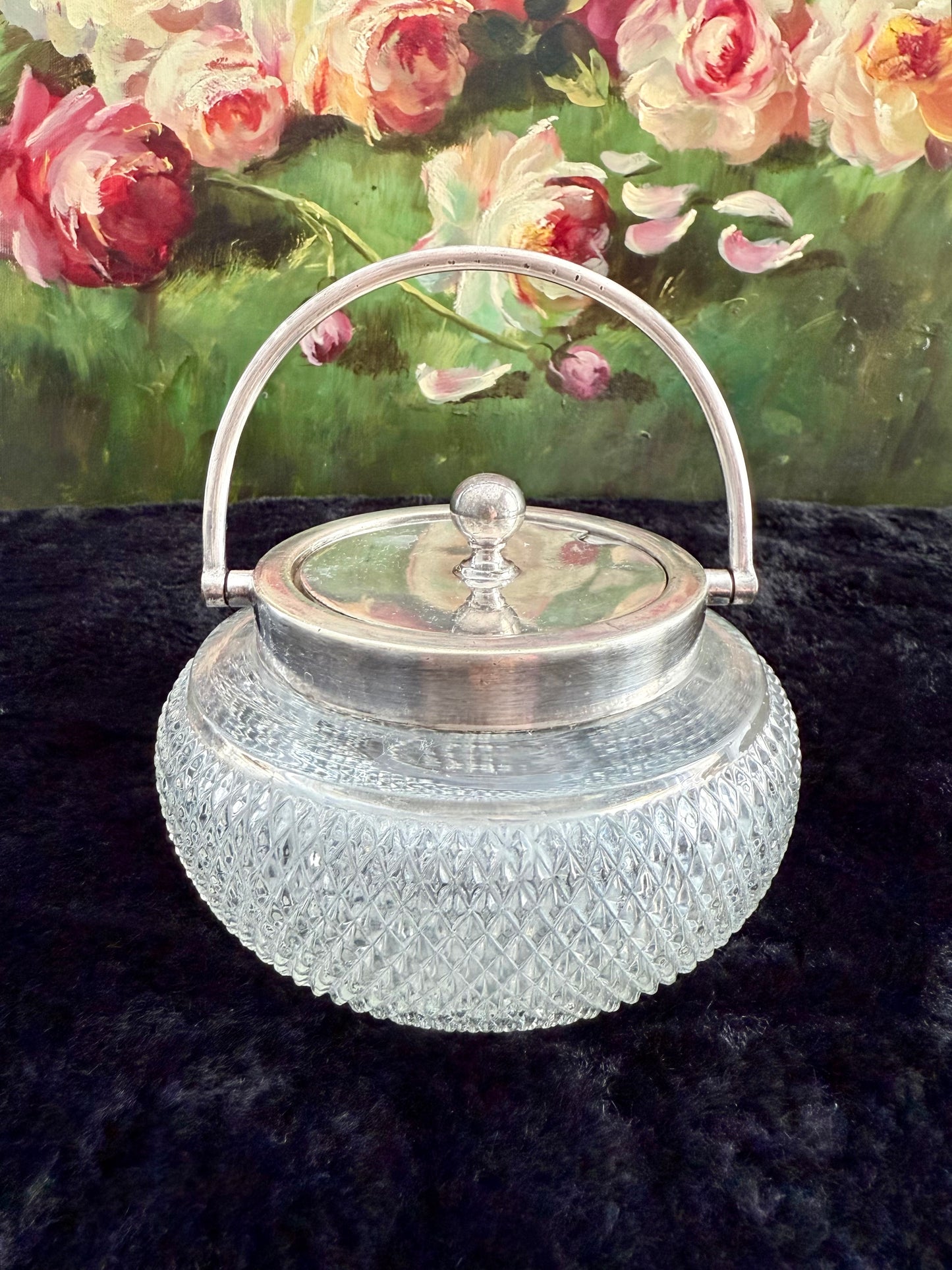 Antique Silver-Plated William Hutton & Sons British Cut Glass Biscuit Jar or Candy Holder with Lid and Handle