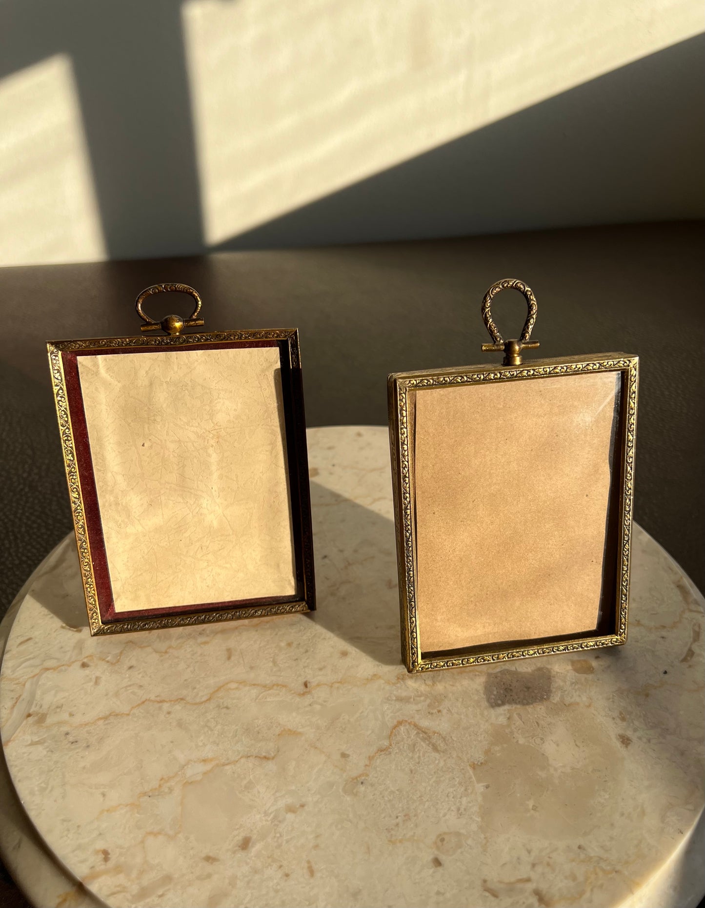 Classic Small Antique Metal Photo Frame with Art Nouveau Easel and Plush Velvet