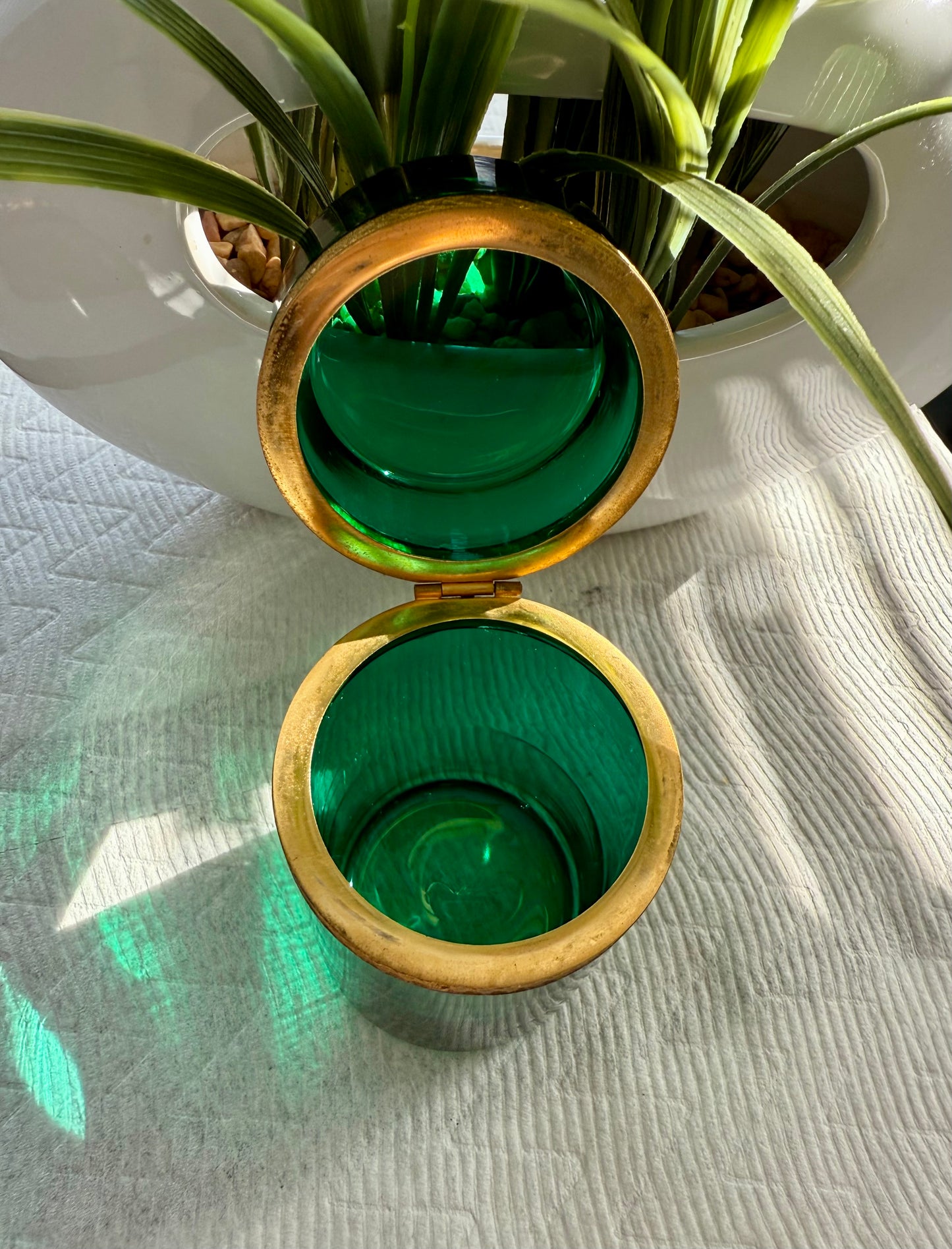Antique Emerald Green Italian Murano Glass Cylindrical Jewelry or Trinket Box with Bronze Dore Gold Brass Mounts