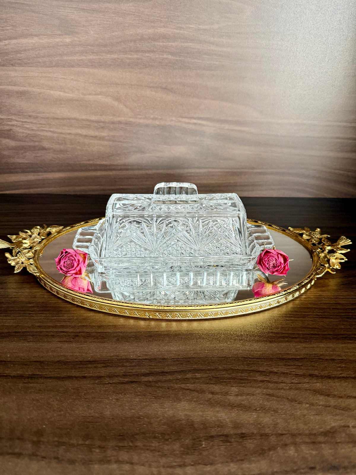 Vintage Cut Crystal Glass Butter Dish with a "Cherrywood Clear" Style Pattern