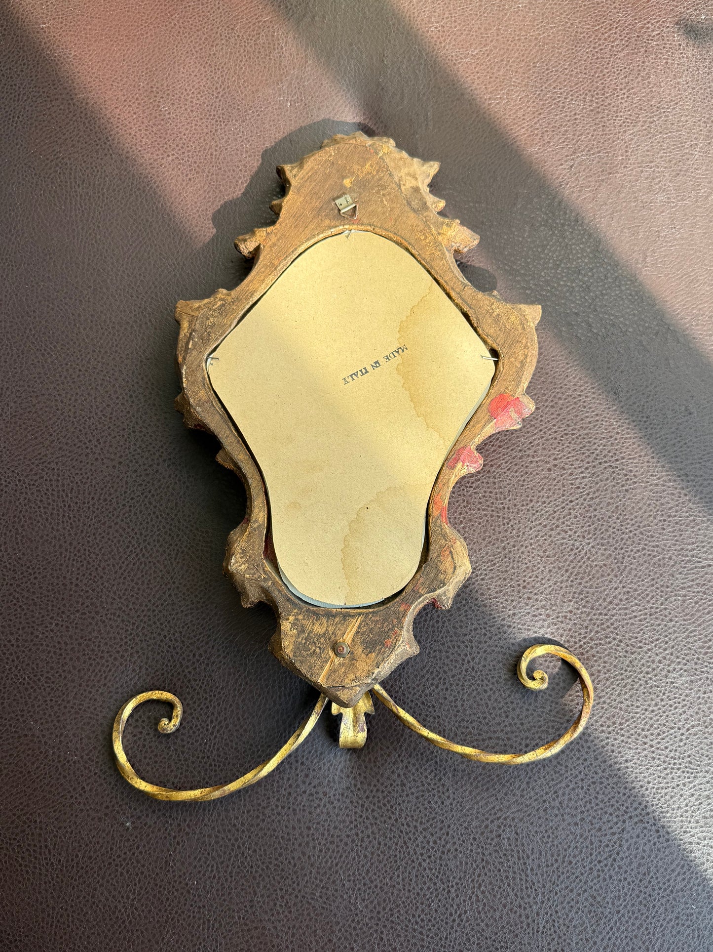 1950s Italian Florentine Rococo Vintage Gilded Wood Wall Mirror with Metal Towel Holder