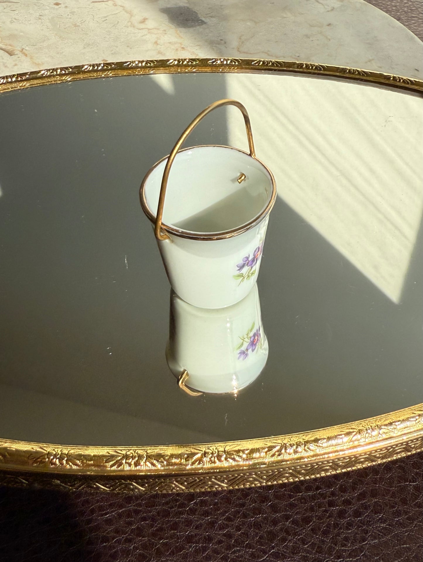 Limoges Miniature Vintage Porcelain Bucket/ Pail with Handle, Decorated with a Courting Couple, Made in France