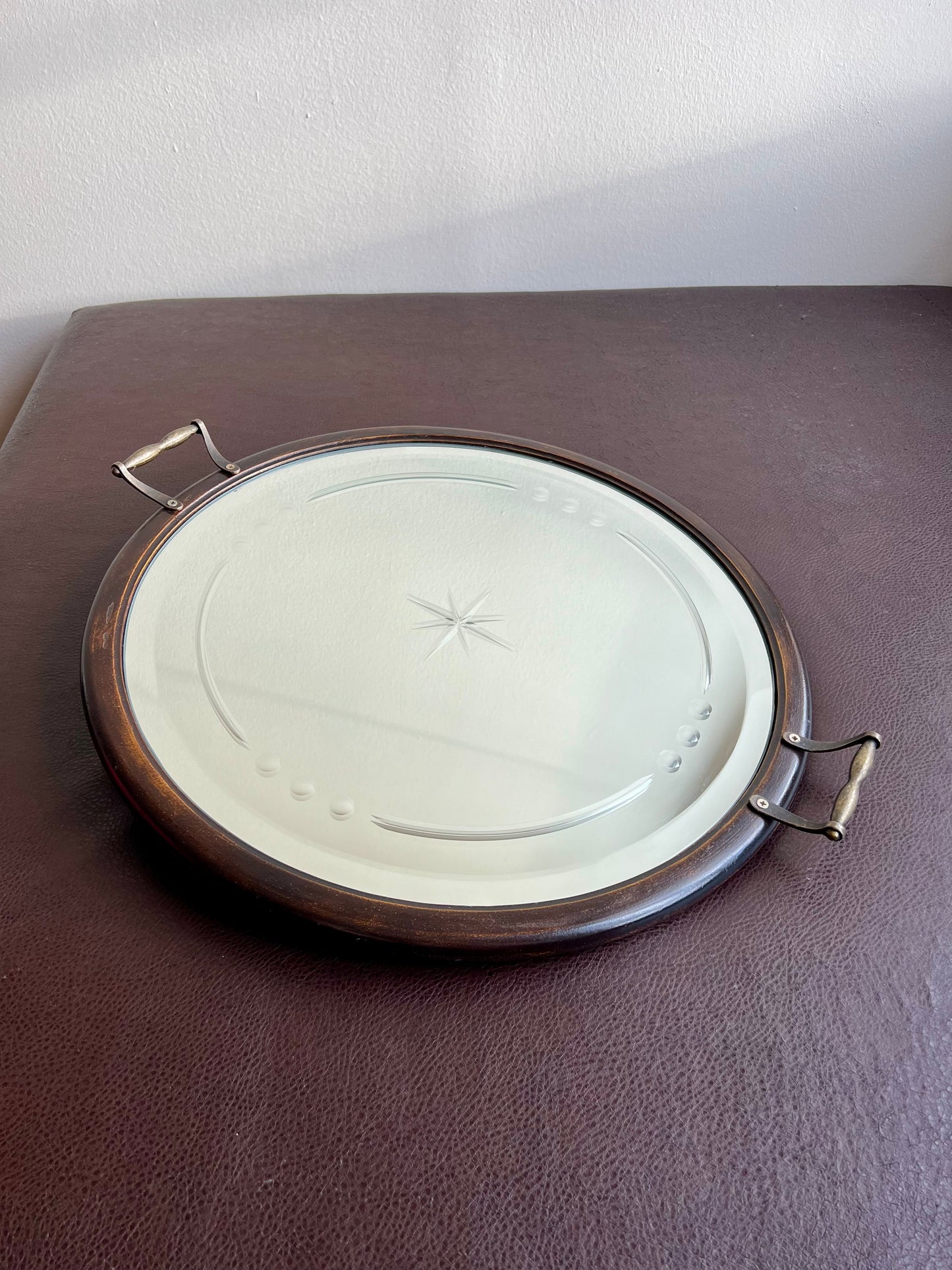 Big Wooden Table Mirror Tray Round Shaped with Two Brass Handles