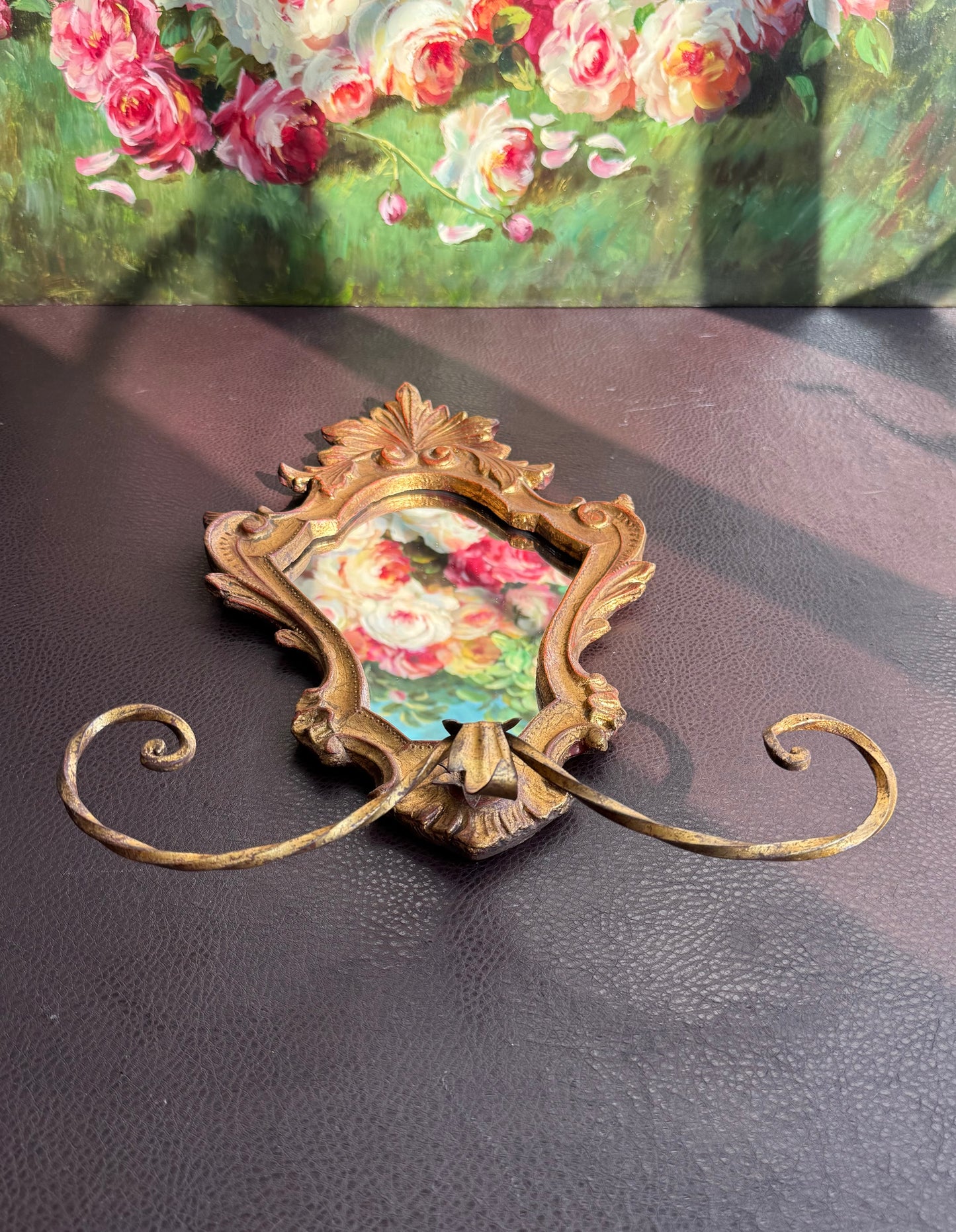 1950s Italian Florentine Rococo Vintage Gilded Wood Wall Mirror with Metal Towel Holder