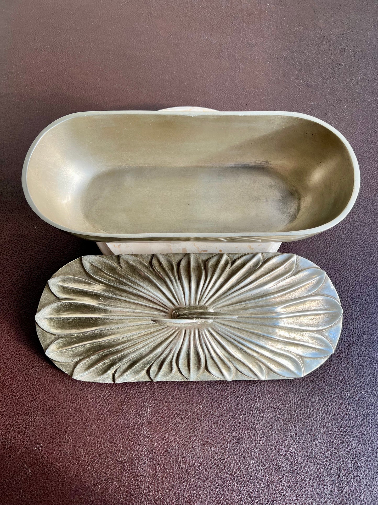 Art Deco Style Big Silver Plated Vintage Oval Metal Bowl with Decorative Flower Petal-shaped Lid, Numbered