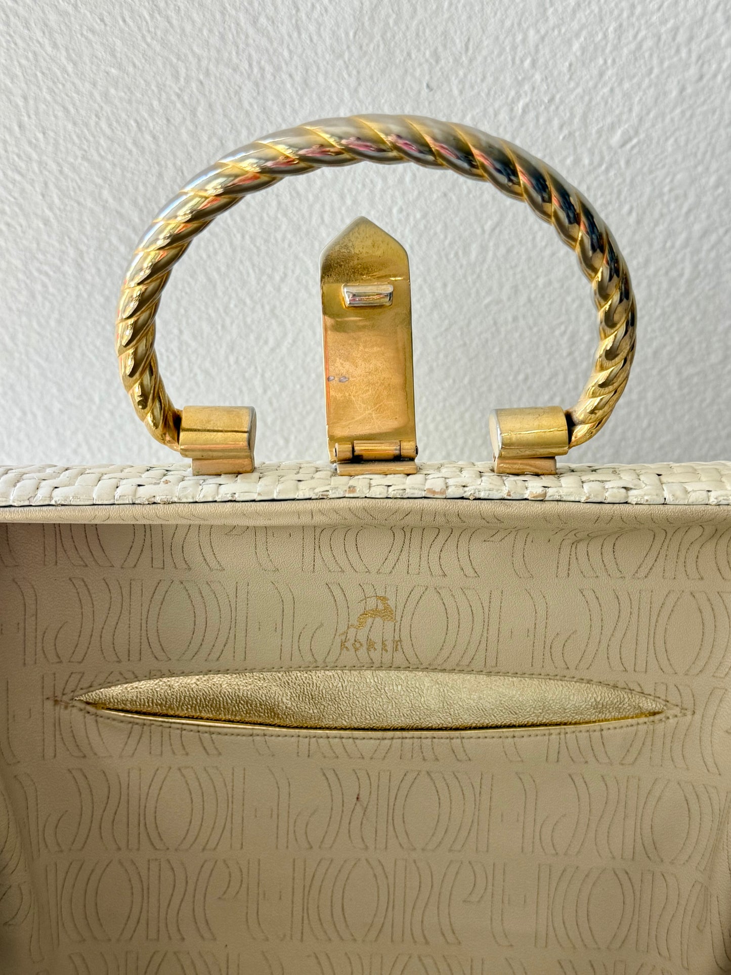 1950s Vintage KORET Elegant White Wicker Luxury Purse/Handbag, Made in Italy, Excellent Condition