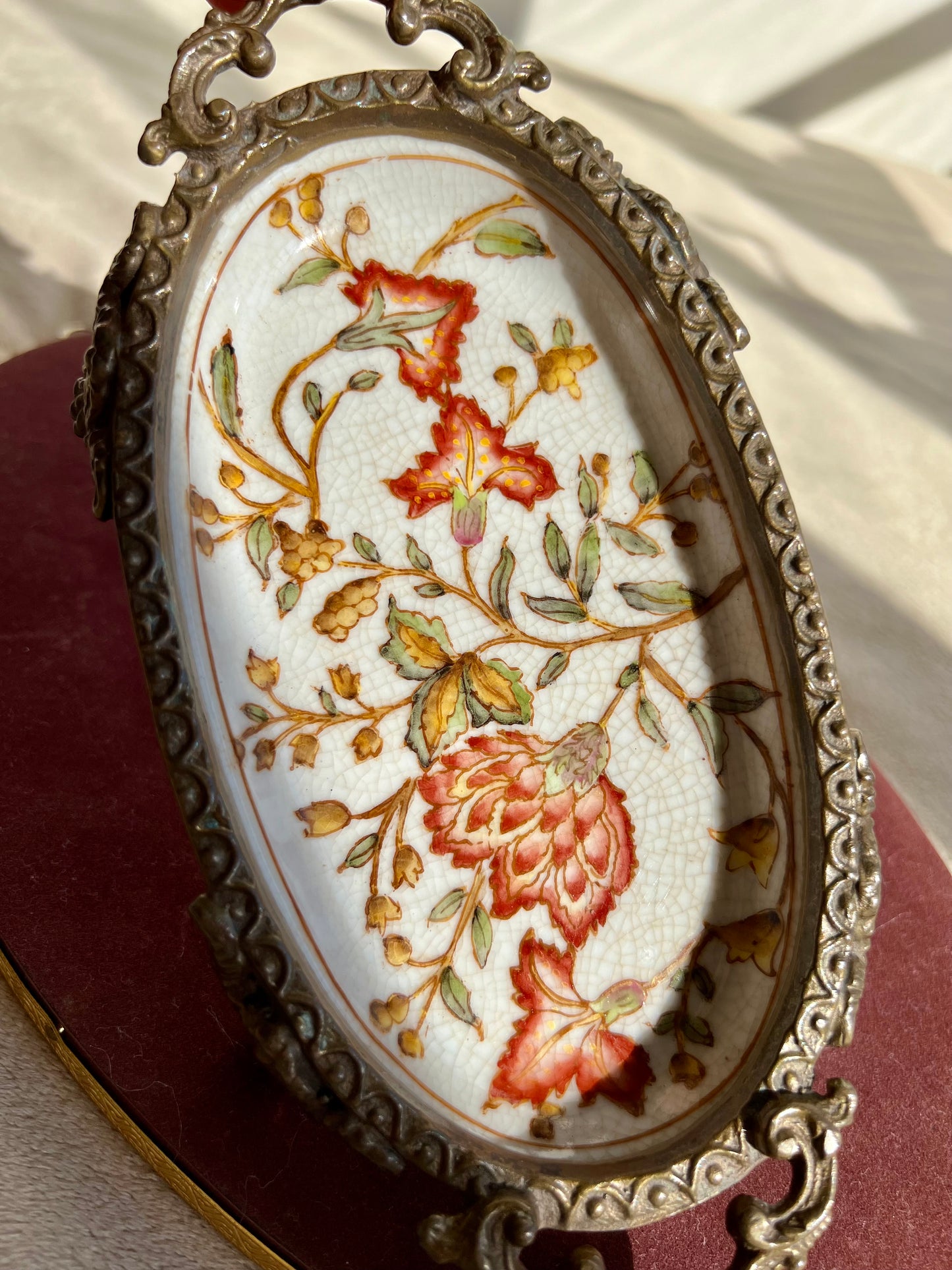 Vintage Chinese Brass and Porcelain Footed Floral Soap Dish Or Trinket Dish
