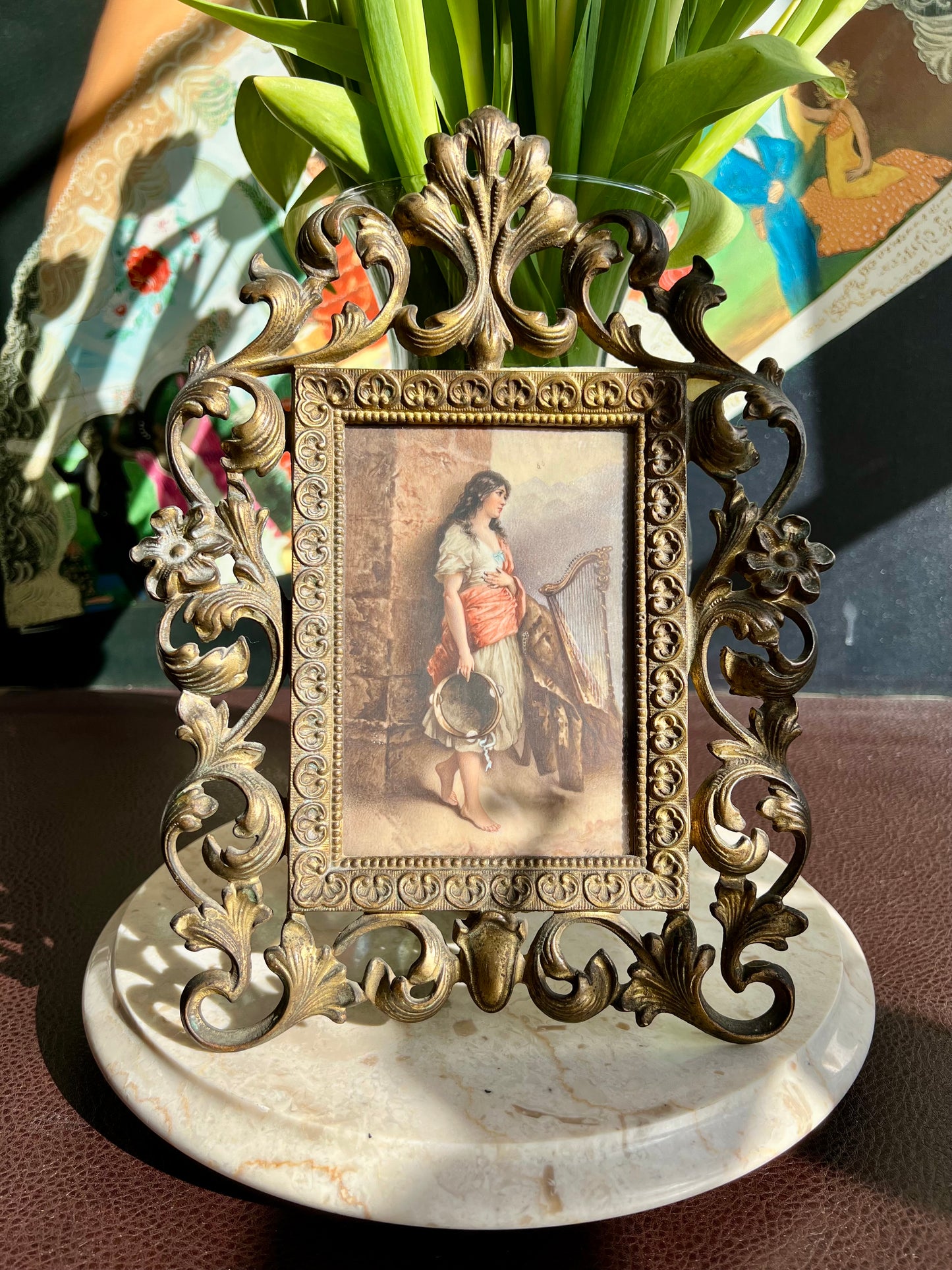 Antique Hand-Painted Original Signed Art of Porcelain Painting with Gilded Florentine Frame from Late 1800s