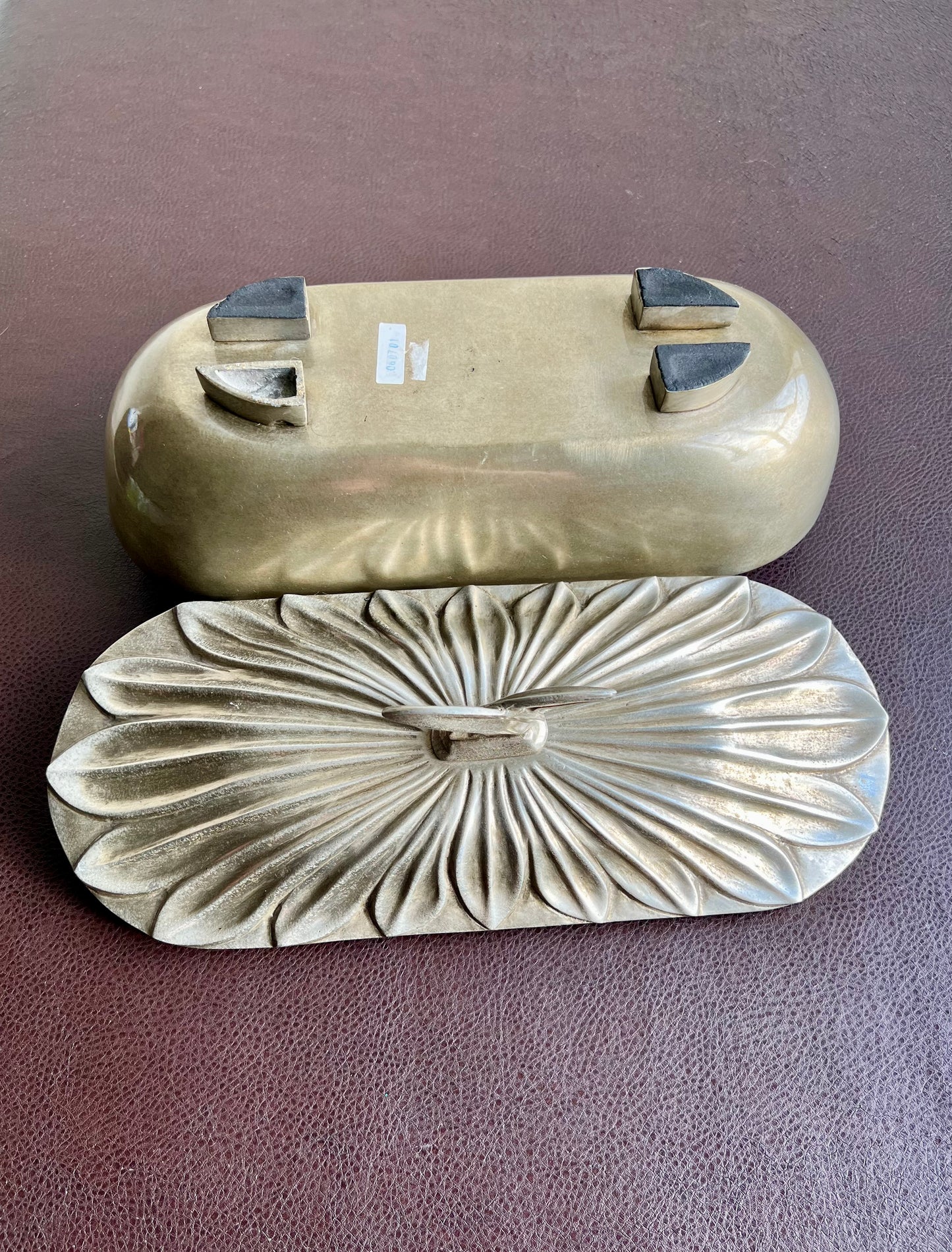 Art Deco Style Big Silver Plated Vintage Oval Metal Bowl with Decorative Flower Petal-shaped Lid, Numbered