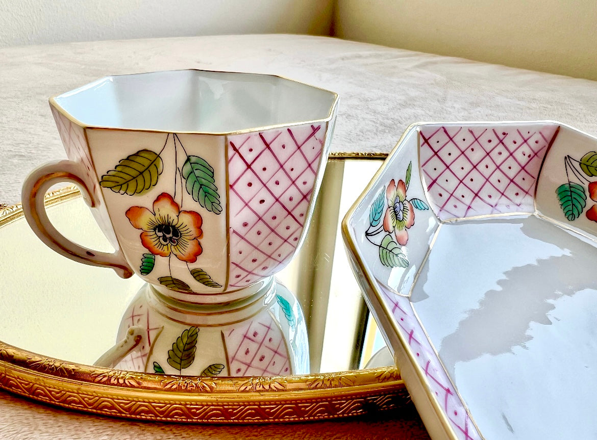 Very Unique Limoges France Vintage Porcelain Tea or Coffee Cup with Saucer & Floral Design, Decorated in Italy