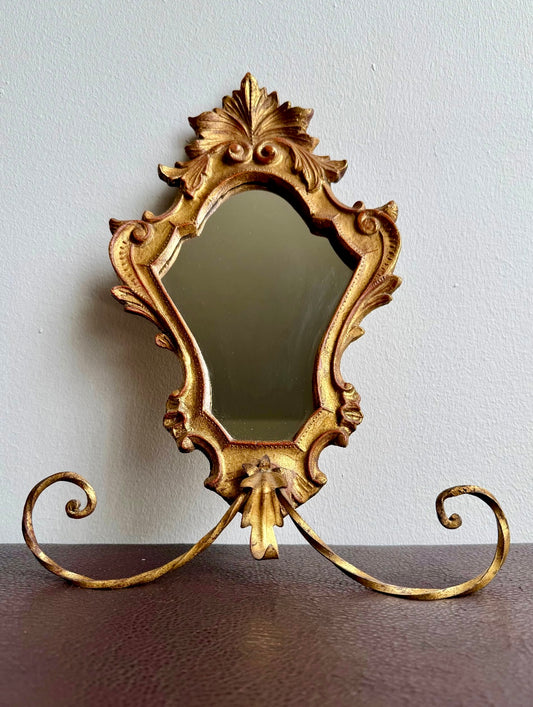 1950s Italian Florentine Rococo Vintage Gilded Wood Wall Mirror with Metal Towel Holder
