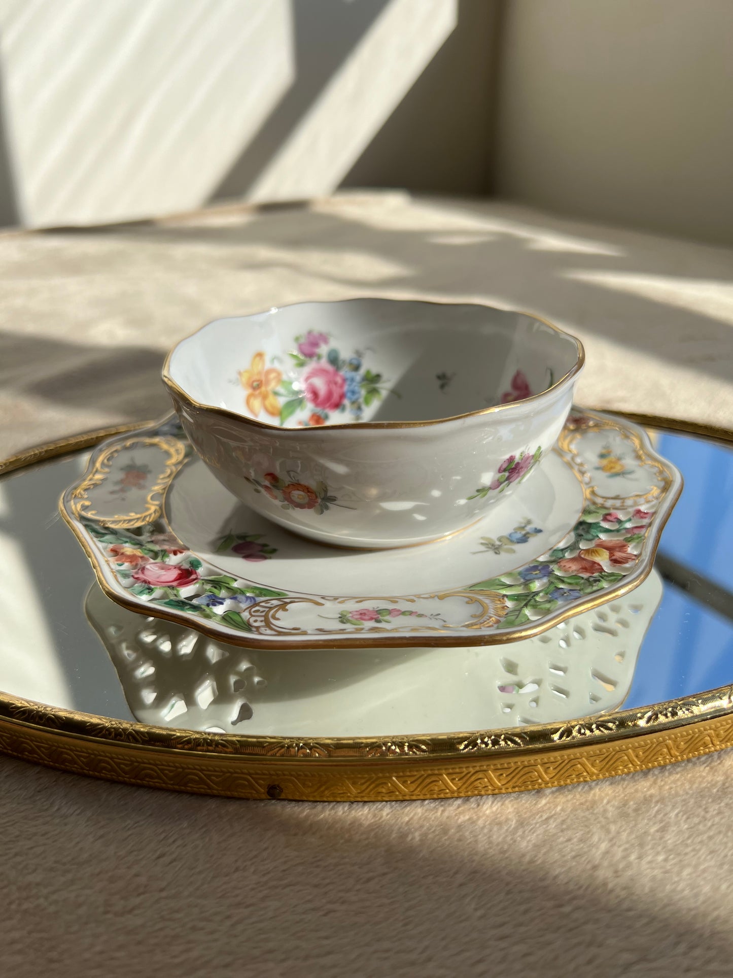 DRESDEN Carl Thieme Vintage Reticulated Roses Flower Porcelain Bowl & Underplate