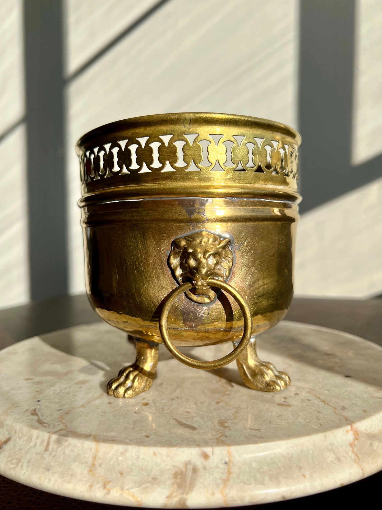 Spanish Antique/Vintage Brass Planter Jardinière Ornate on Four Lion Paws Footed and Two Lion Heads with Rings