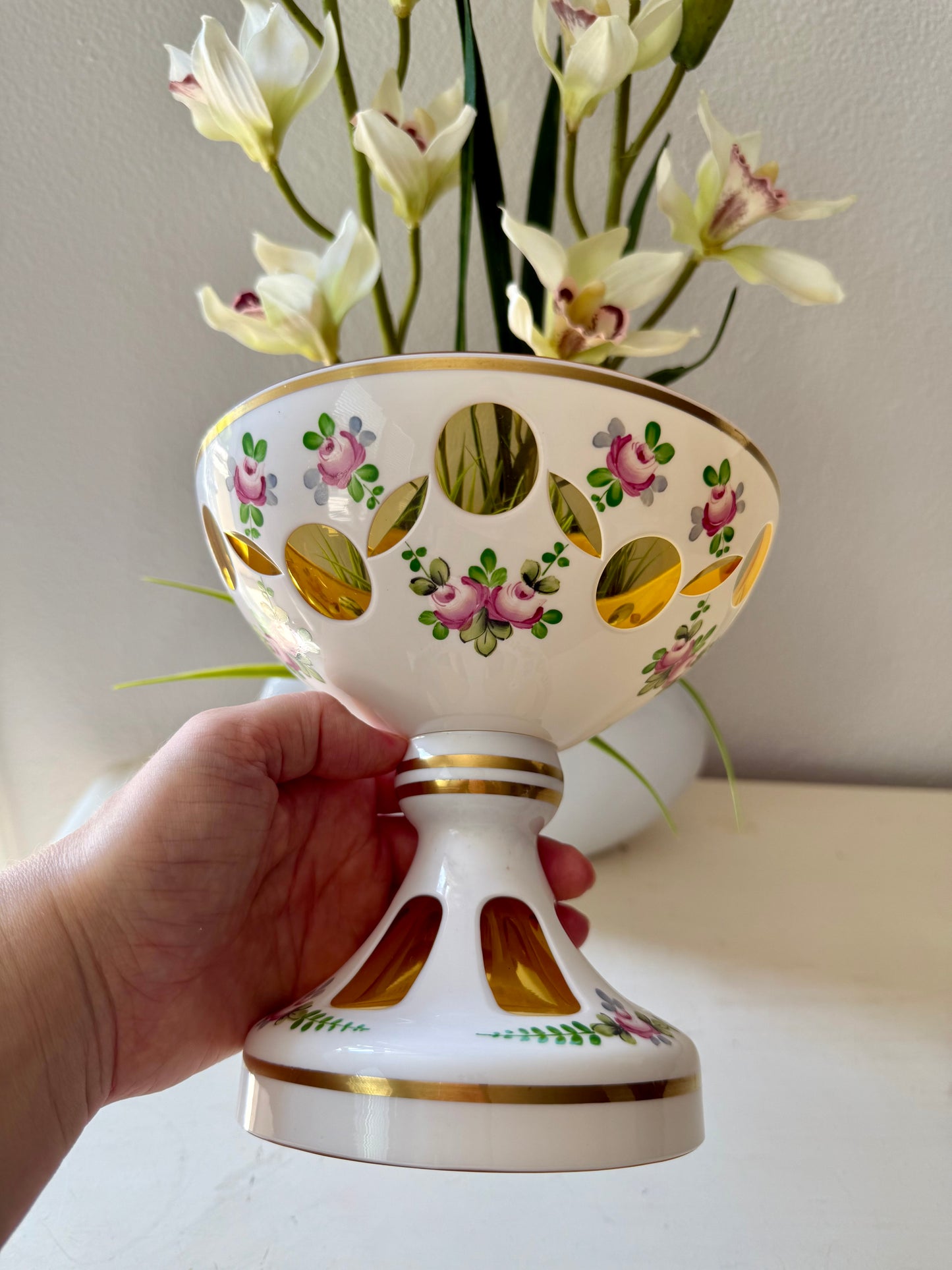 Bohemian Vintage Moser Style Czech Republic Cut Glass Bowl and Floral Painted Candy or Fruit Dish