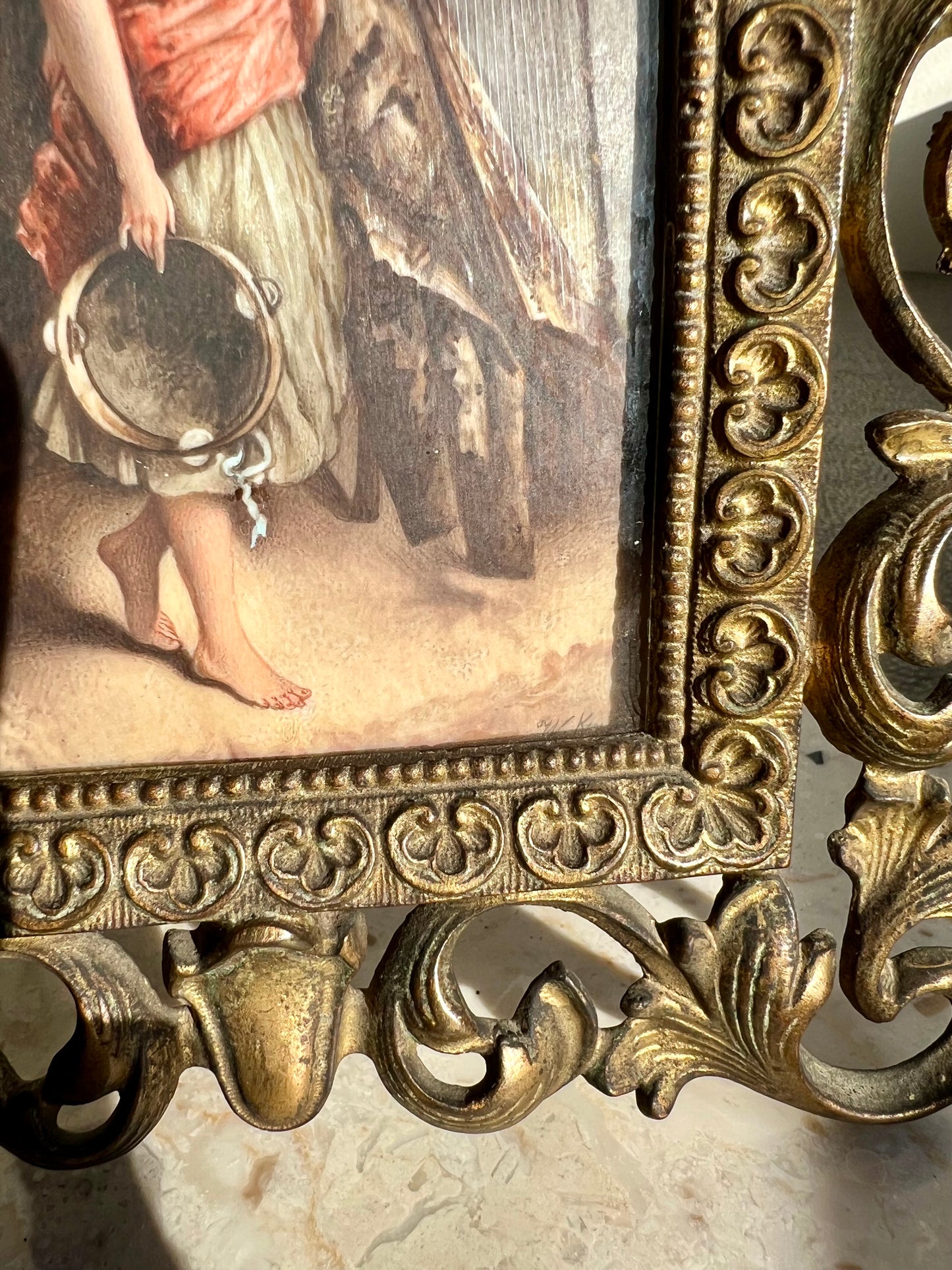 Antique Hand-Painted Original Signed Art of Porcelain Painting with Gilded Florentine Frame from Late 1800s