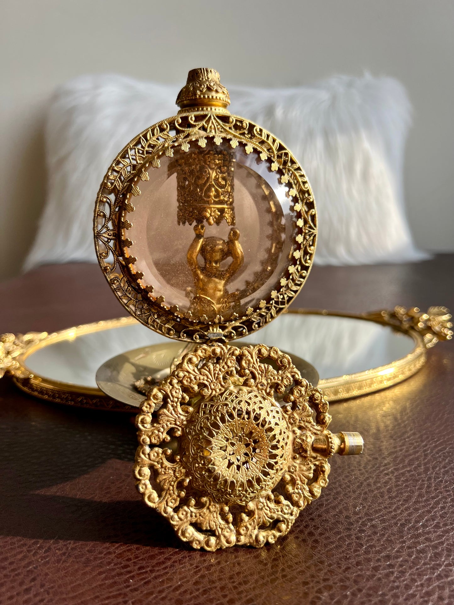 Hollywood Regency Style Vintage Vanity Gold Gilt Perfume Bottle Filigree Ormolu