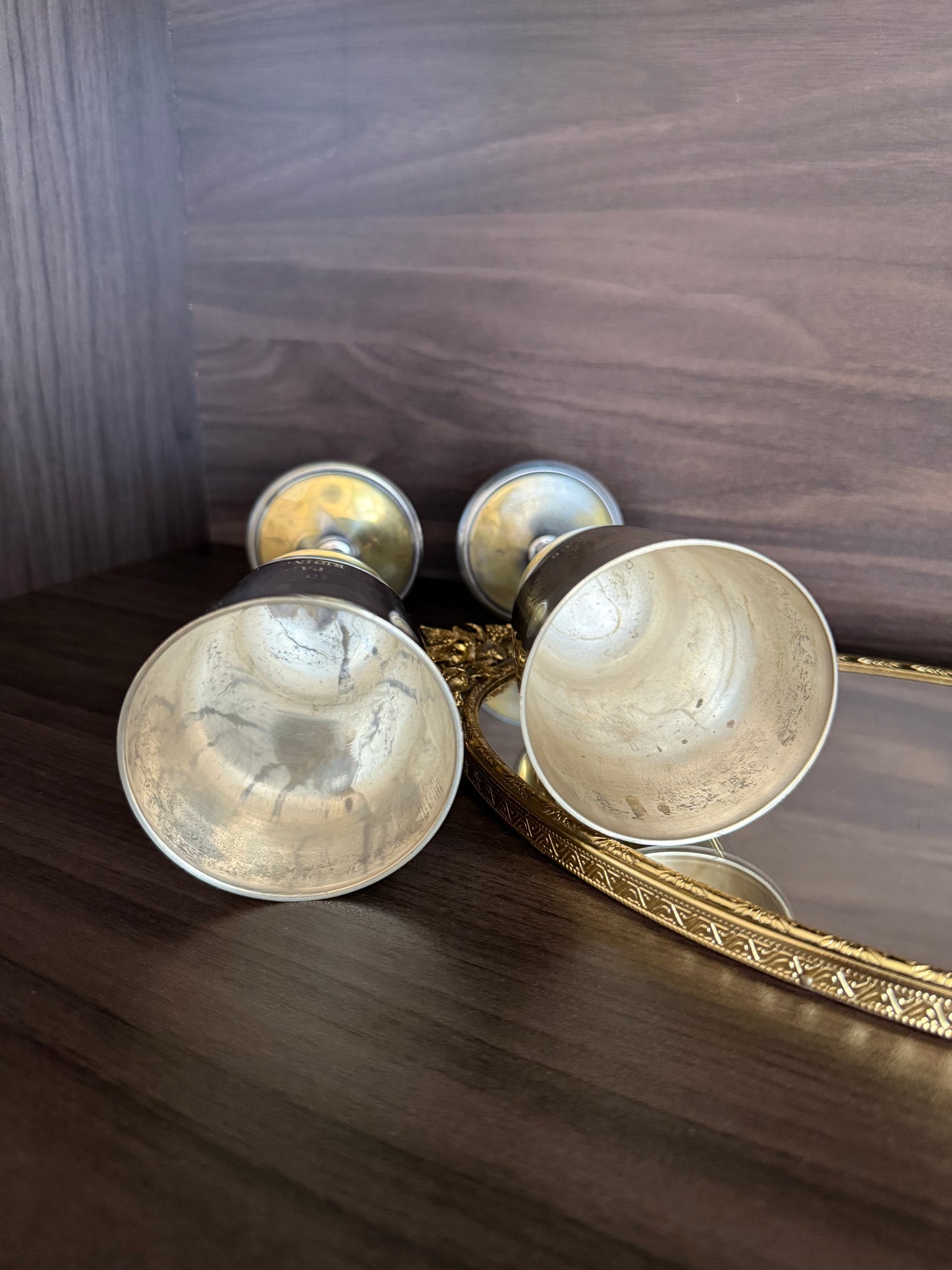 A Pair of Vintage Silver-Plated Wine Glasses with Long Stems and Slightly Flared Tops - these from the estate of Hollywood actor, writer, director, and producer Howard Storm