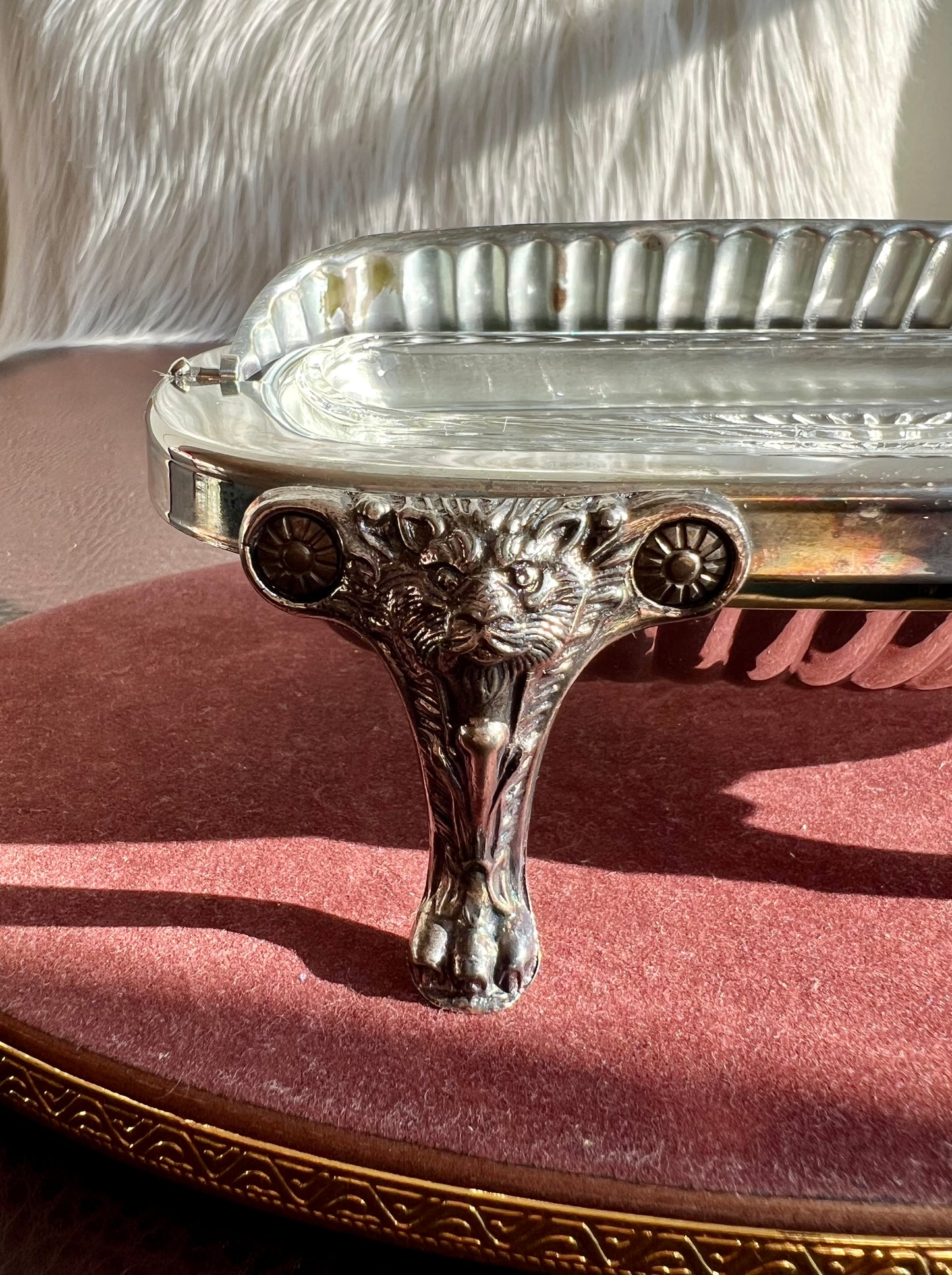 Antique F.B Rogers Silver-Plated Lion Head and Footed Butter Dish Victorian Covered Roll Top - Glass Insert