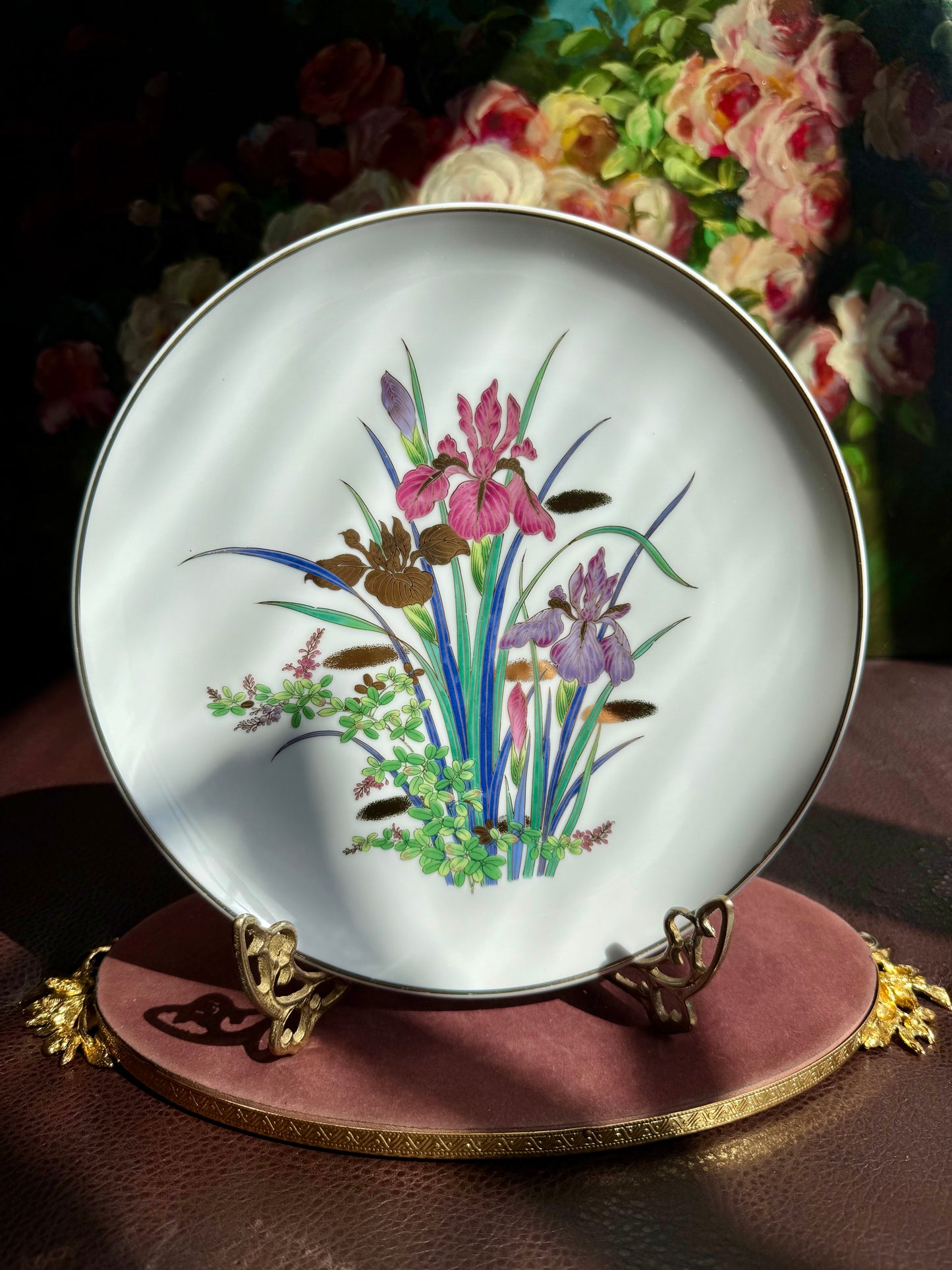 Iris Flower Design Hand-Painted and Gold Trim Vintage White Porcelain Plate - Made in Japan