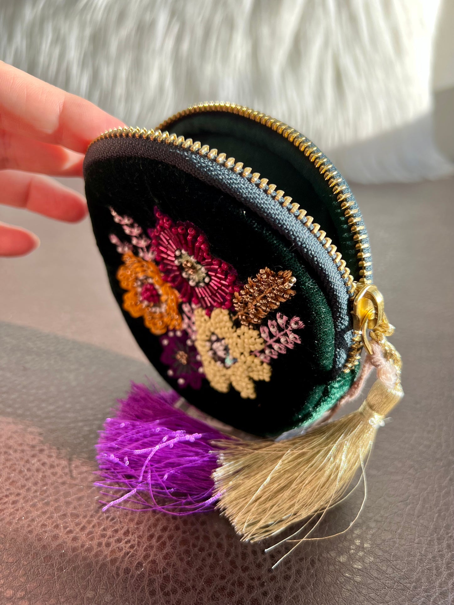 Round Beaded Mini Makeup Case Dark Green Plush Purse/ Bag with Floral Motif Decoration