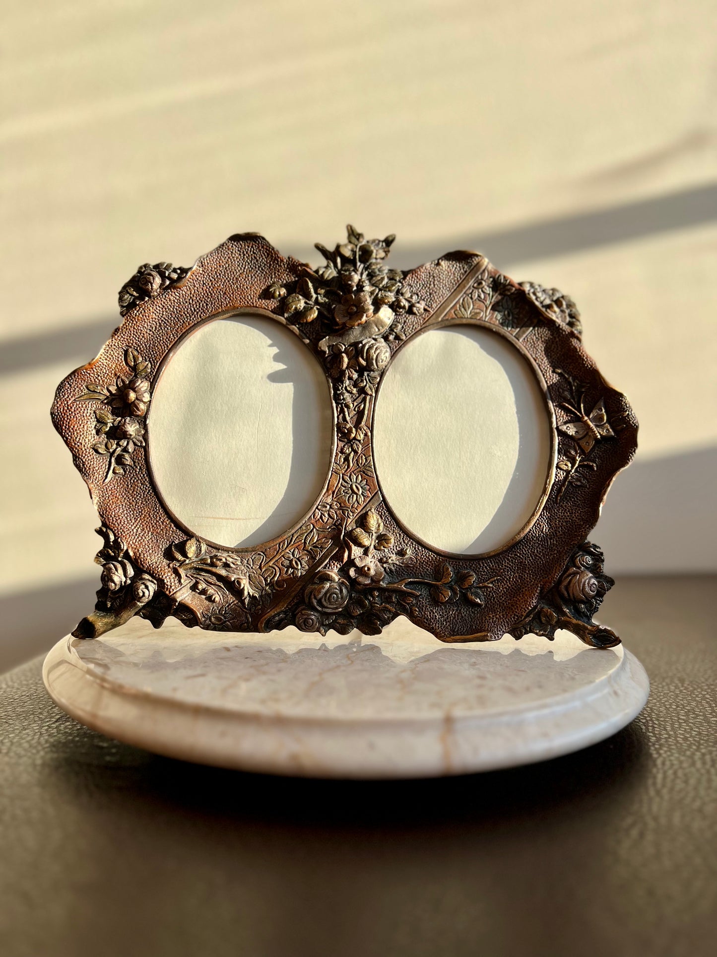 Antique Victorian Style Double Copper Decorative Oval Photo/ Picture Frame with Easel Back