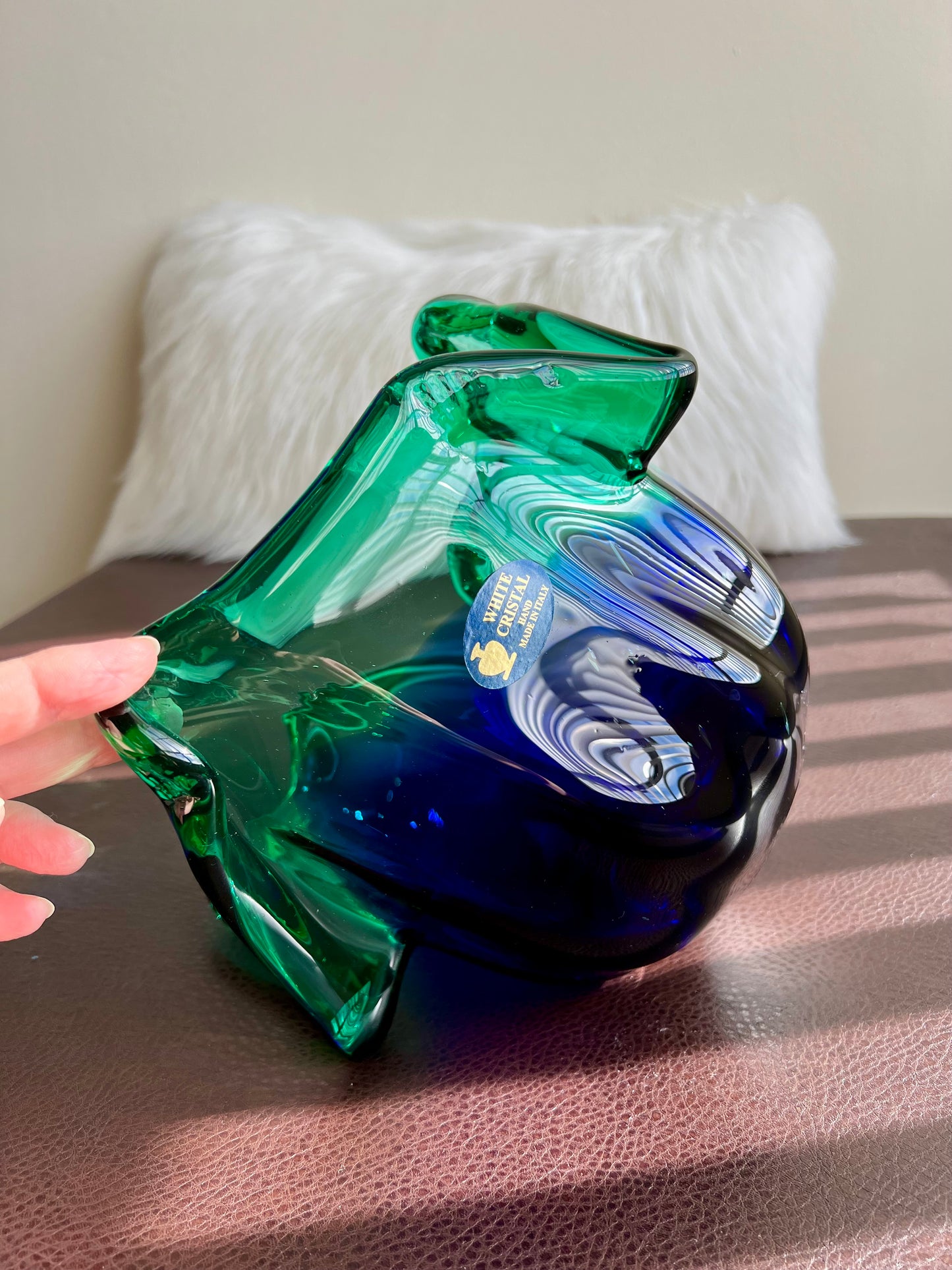 MURANO Blue and Green Extra Large Vintage White Crystal Glass Bowl, Decorative Dish or Vase - Made in Italy