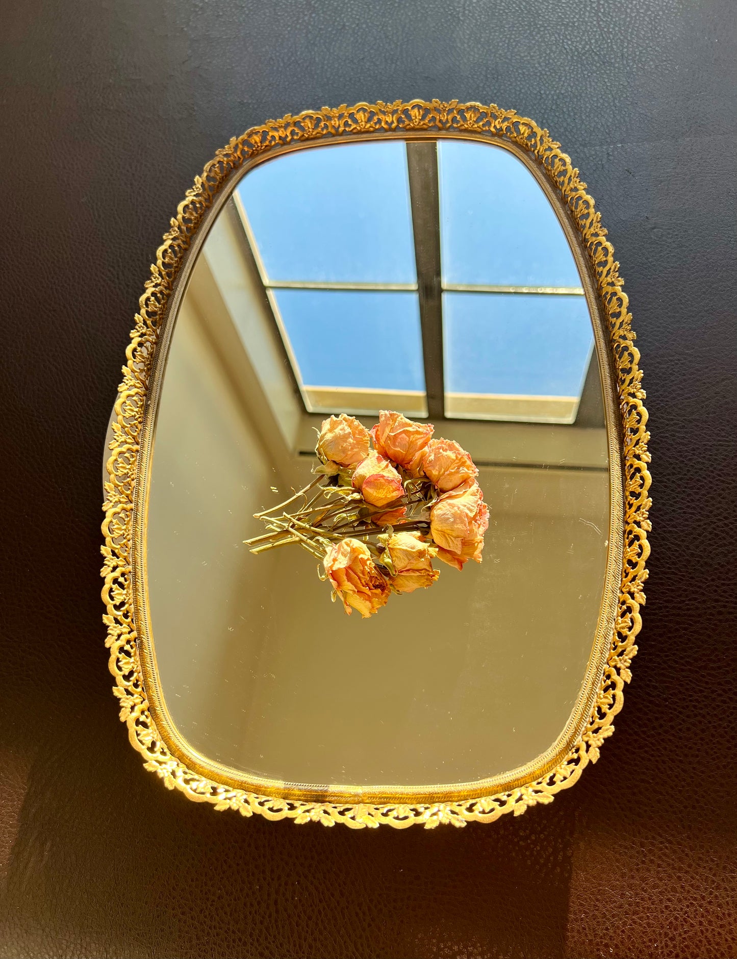 Mid Century Gold Brass Vintage Ormolu Vanity Perfume Tray Oval Mirror - Hollywood Regency
