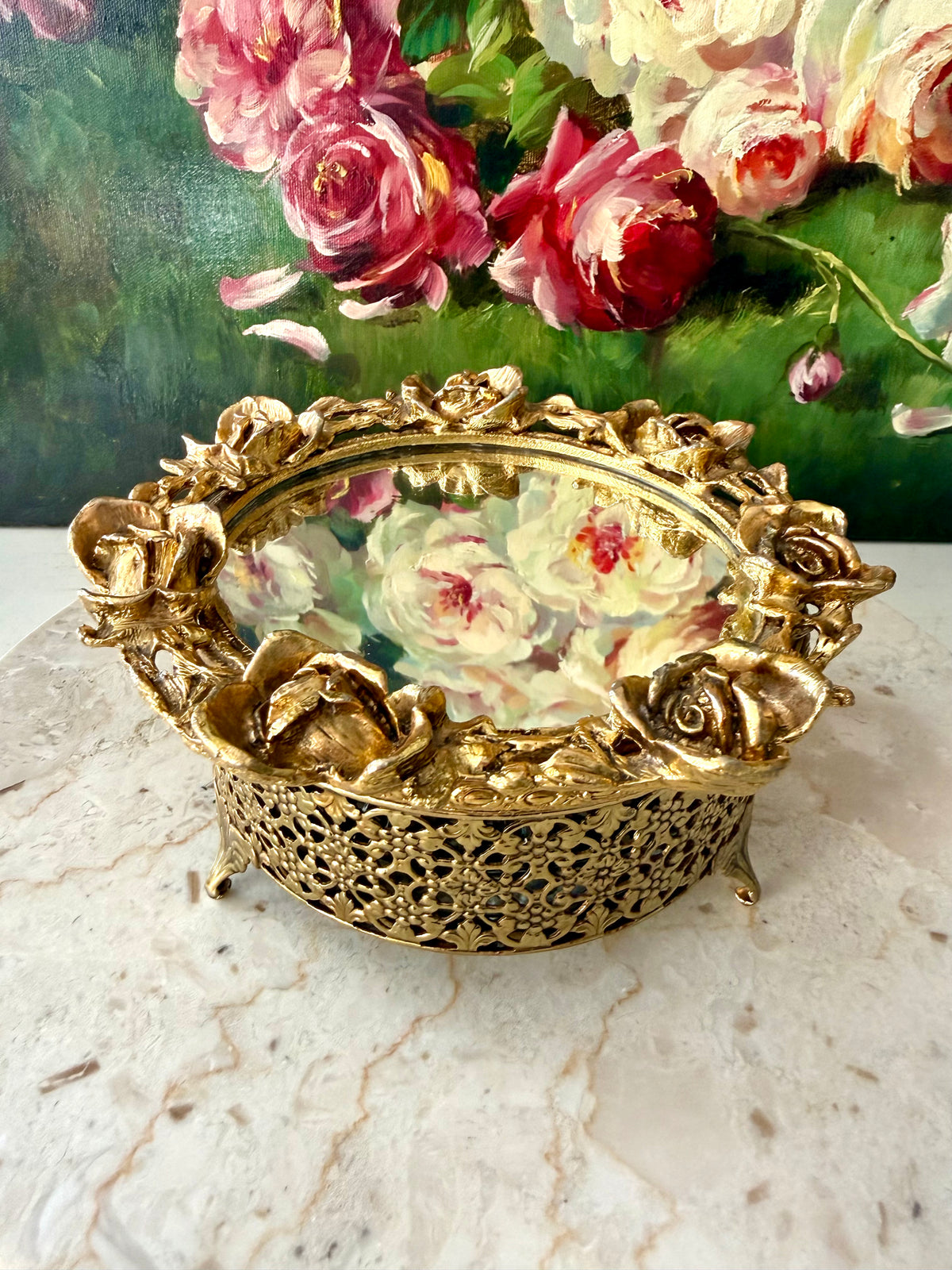 1960s Hollywood Regency Vintage 24K Gold-plated Ormolu Filigree with Mirrored Glass and Rose Motifs Trinket Box or Powder Jar