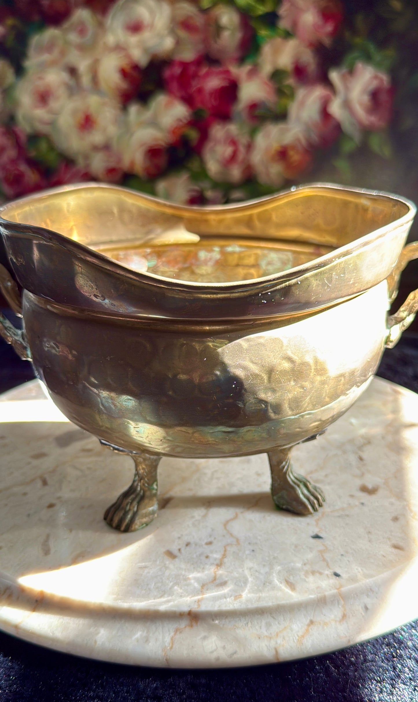 Vintage Brass Flower Pot or Planter with Handles and Four-Legged Lion Paws - Made in Spain