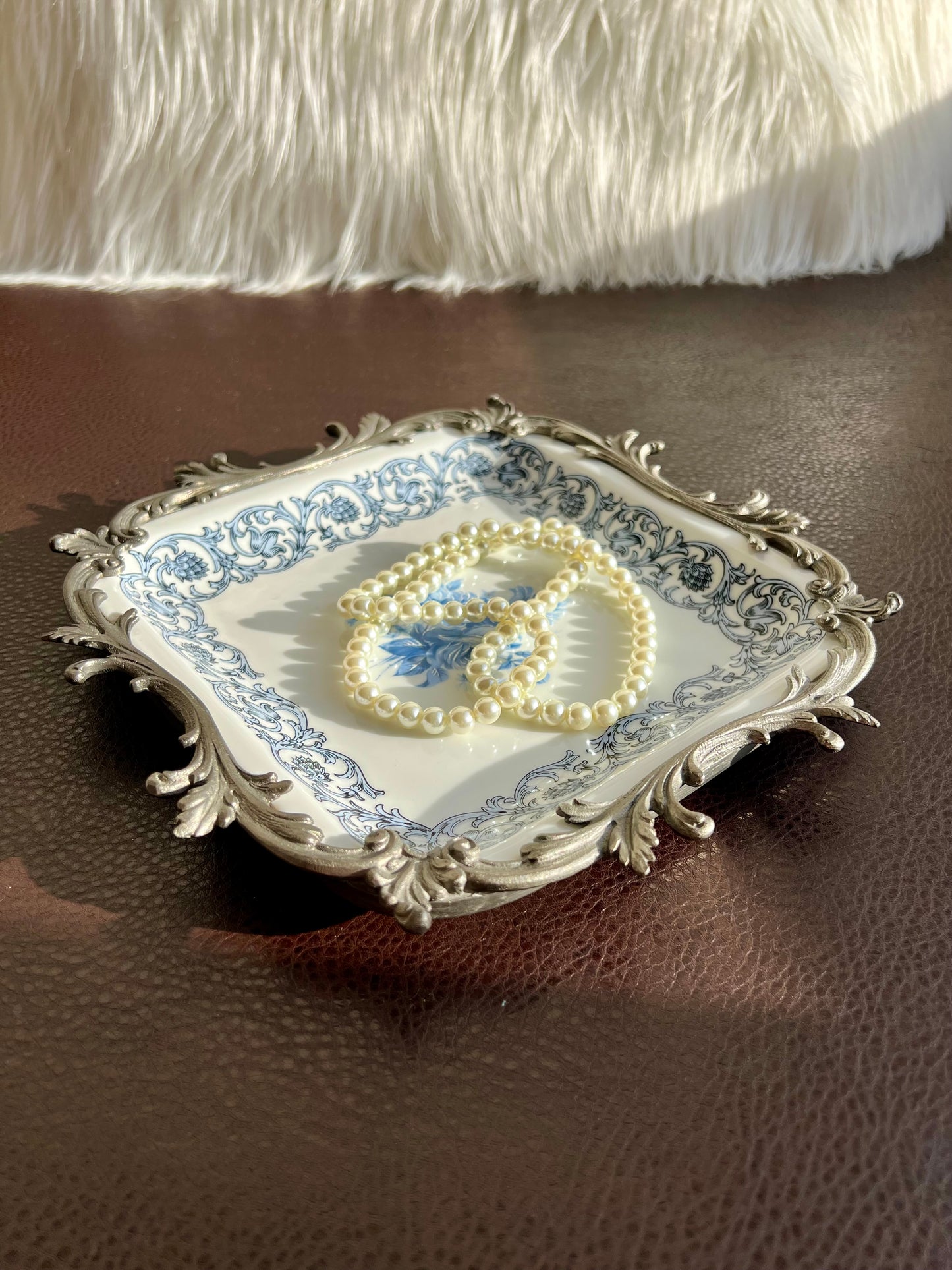 Bavaria Blue Floral Porcelain Square Plate with Decorative Metal Border