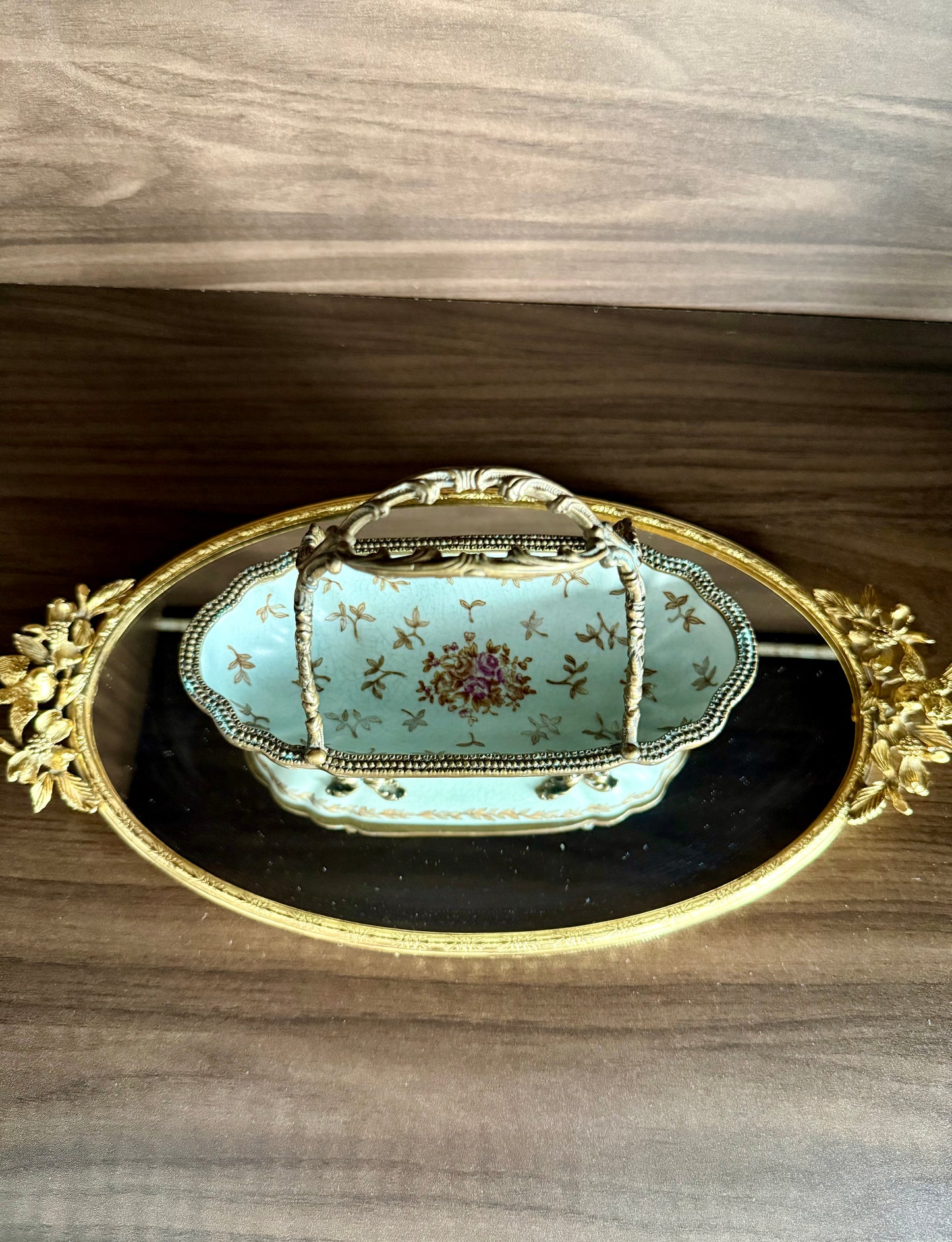 Antique-Looking Art Nouveau Style Porcelain Floral Crackle Glazed Footed Basket Trinket Dish with Bronze Handle