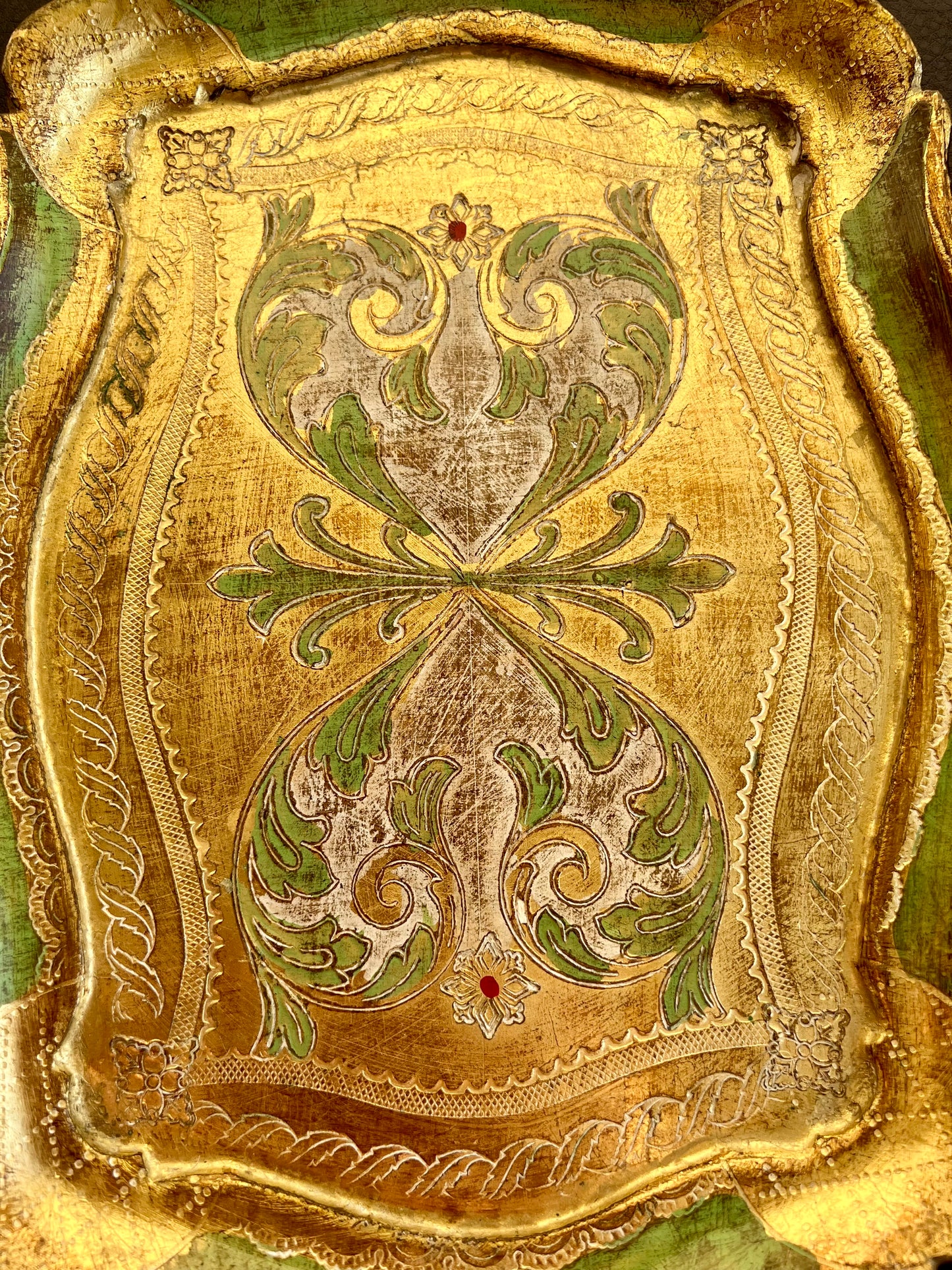 Florentine Italian Style Gold Gilded Vintage Decorative Wooden Tray Green and Gold