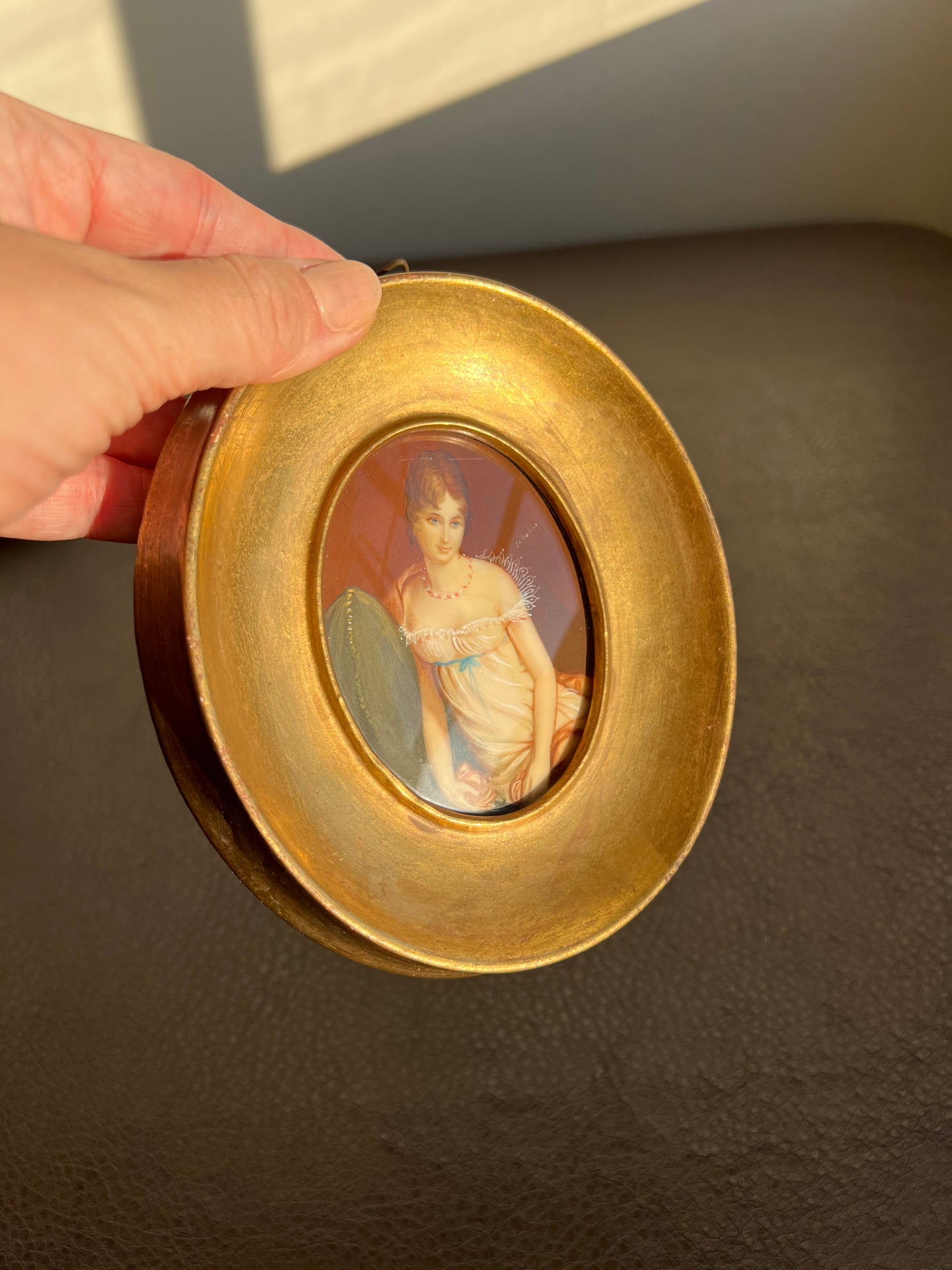 Antique/ Vintage Miniature Italian Original, Signed Hand Painted Portrait, Lady in Nightgown with Gilded Wooden Frame