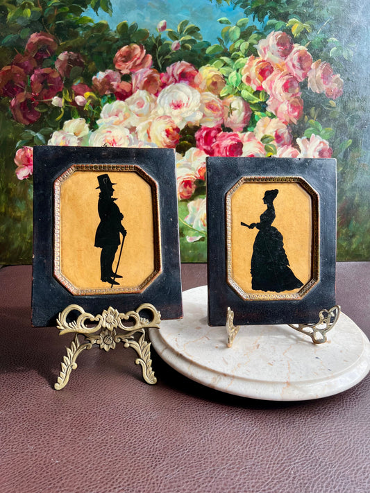 Antique Style Borghese Silhouette Plaque Portrait of a Victorian Lady and Gentleman with Wooden Framed (2 pc, a pair)