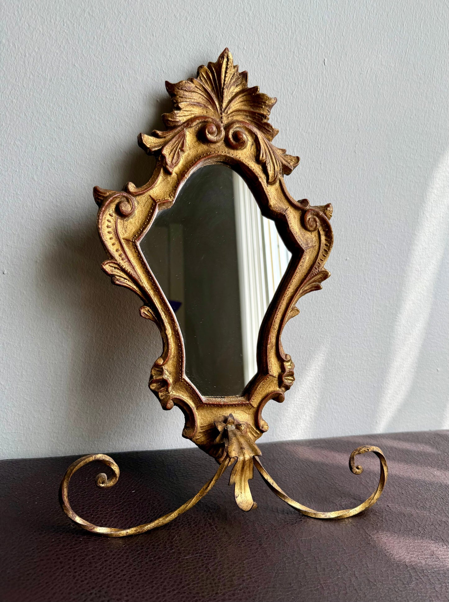 1950s Italian Florentine Rococo Vintage Gilded Wood Wall Mirror with Metal Towel Holder